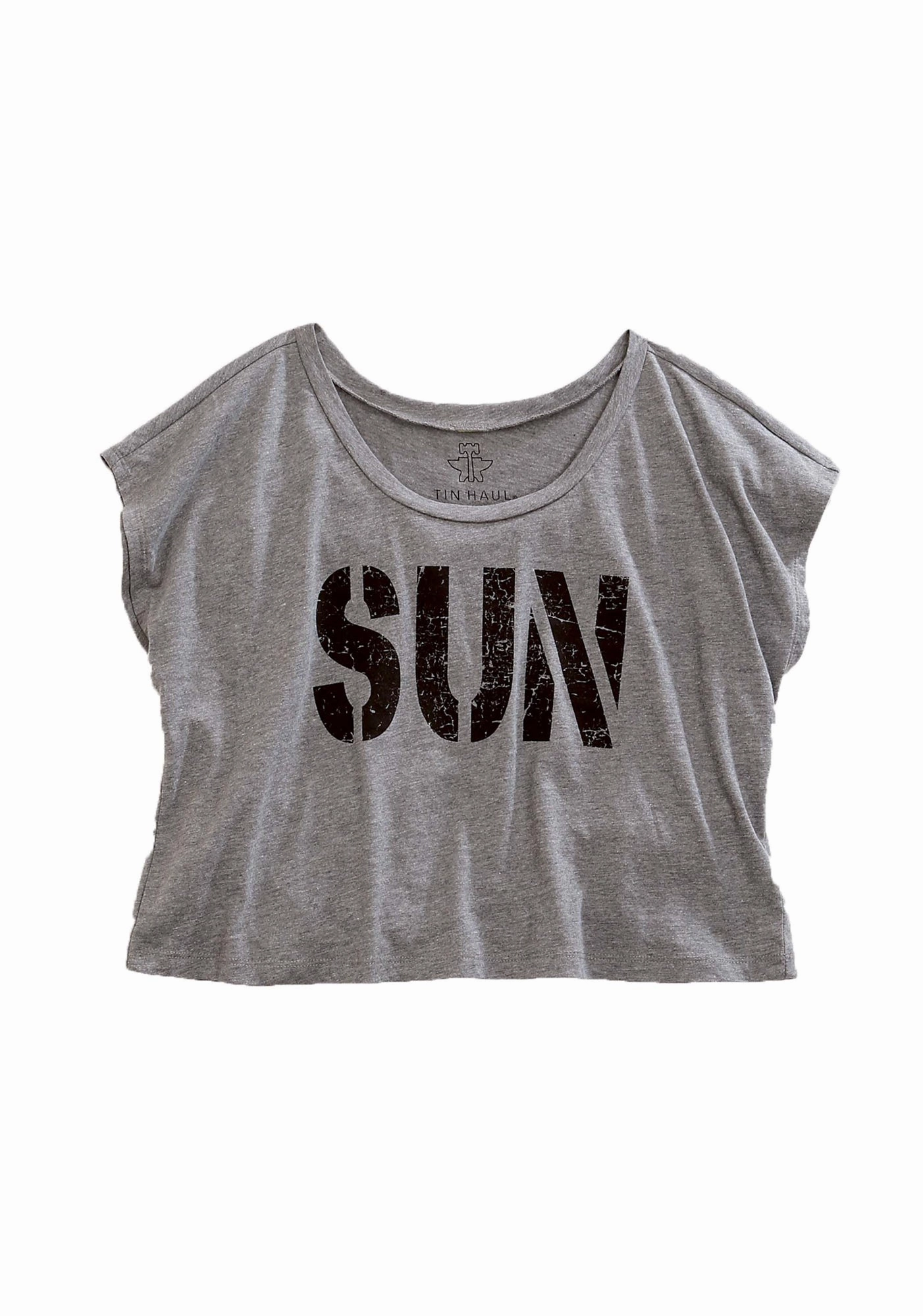 Tin Haul Womens SUN Crop Top Grey Cotton Blend S/S T-Shirt Waffle Weave