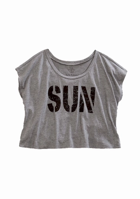 Tin Haul Womens SUN Crop Top Grey Cotton Blend S/S T-Shirt UV Protective Coating Statement Maker
