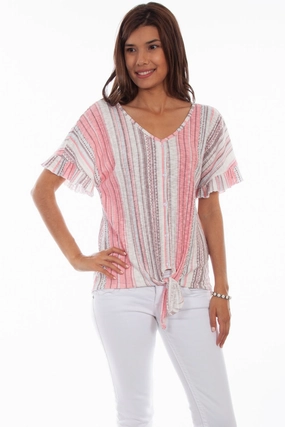 Scully Womens Clay/Coral Cotton Blend Tie Front S/S Blouse Night Out Handcrafted Detail