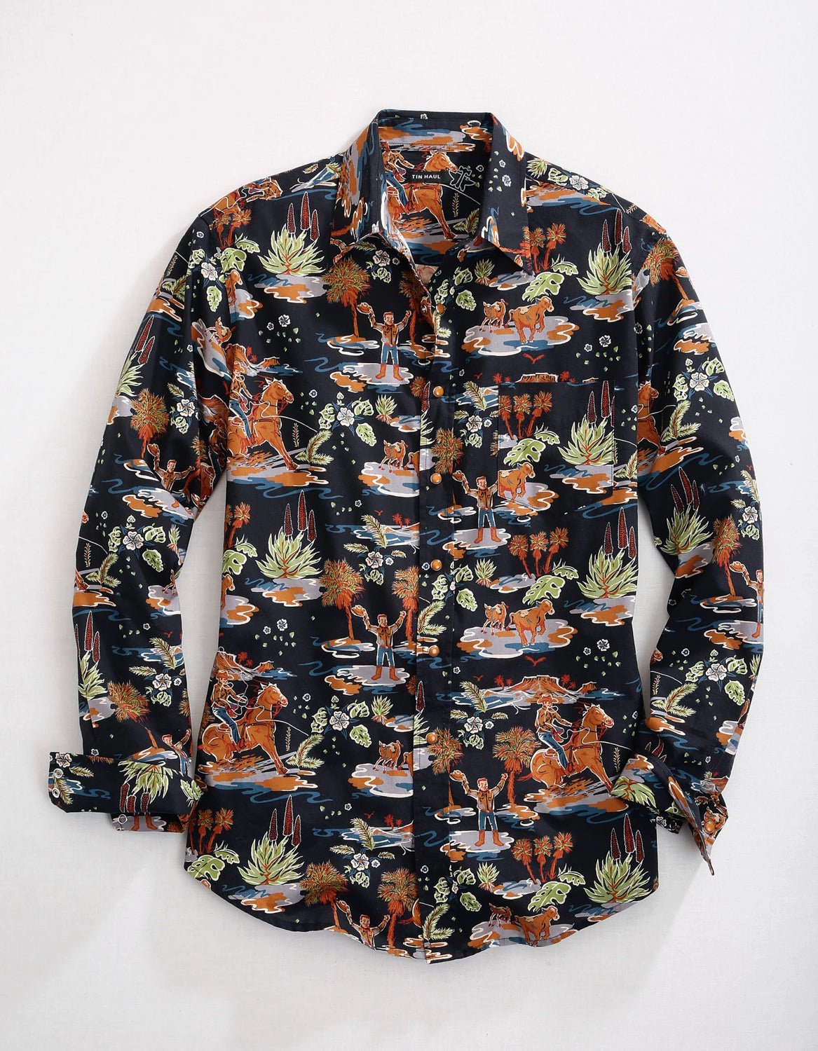 bohemian flair Tin Haul Mens Black 100% Cotton Hawaiian Rodeo L/S Shirt