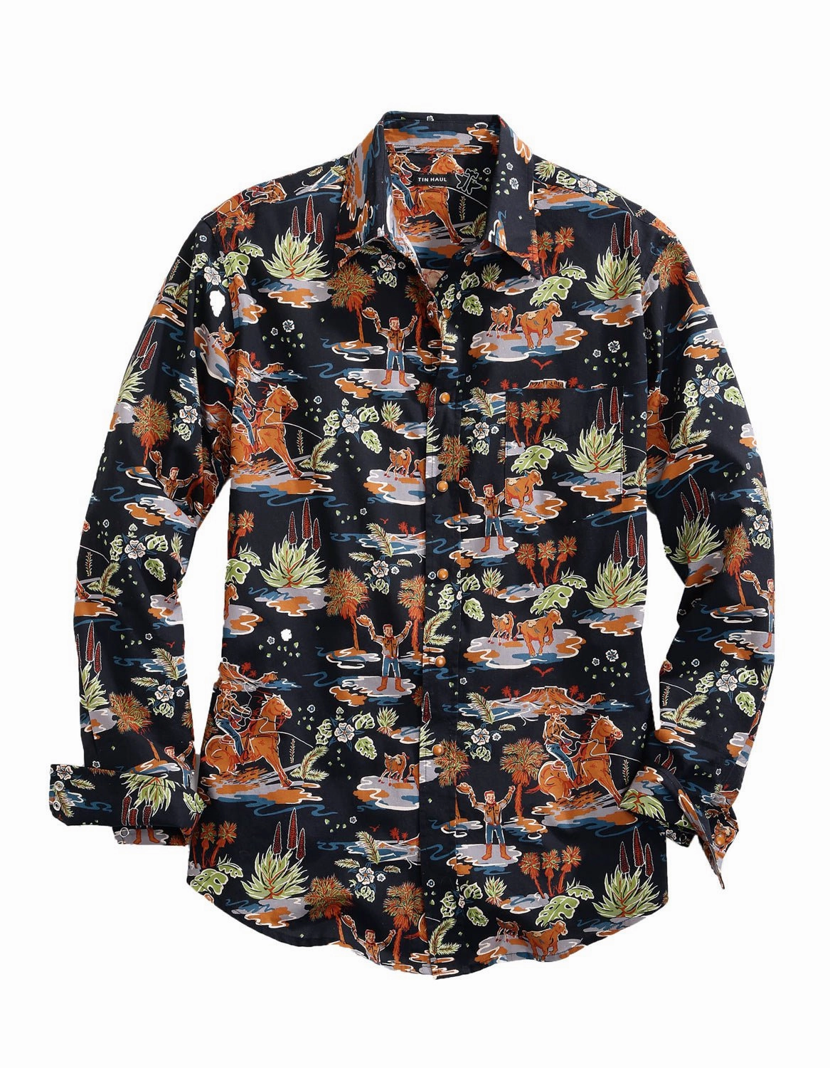 Sustainable Material Relaxed Silhouette Tin Haul Mens Black 100% Cotton Hawaiian Rodeo L/S Shirt