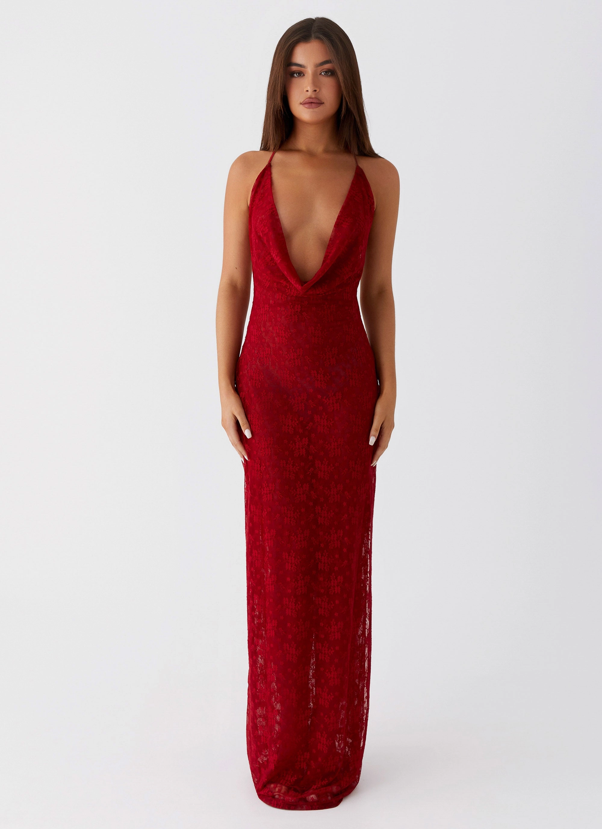 Champagne Coastline Maxi Dress - Dark Red Perfect Cut Belt Waist