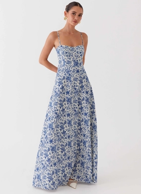 Classic Cut Fashion Insulation Angelina Linen Maxi Dress - Blue Paisley