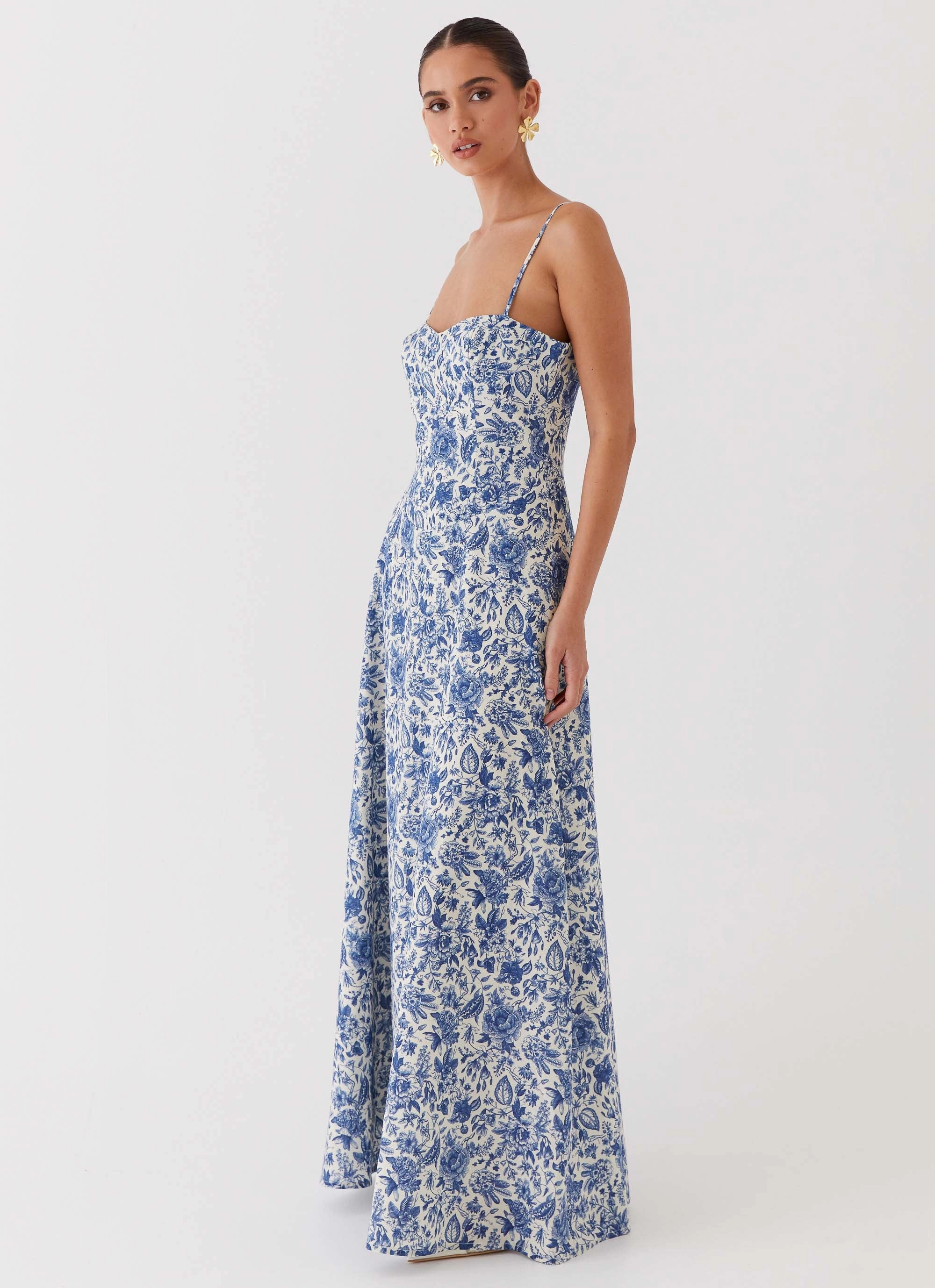 Angelina Linen Maxi Dress - Blue Paisley Cool Weather Wear