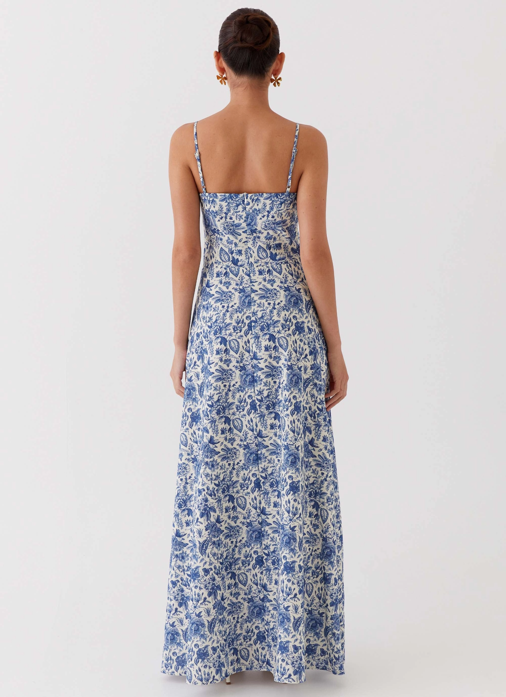 Elegant Styling Notch Lapel Angelina Linen Maxi Dress - Blue Paisley
