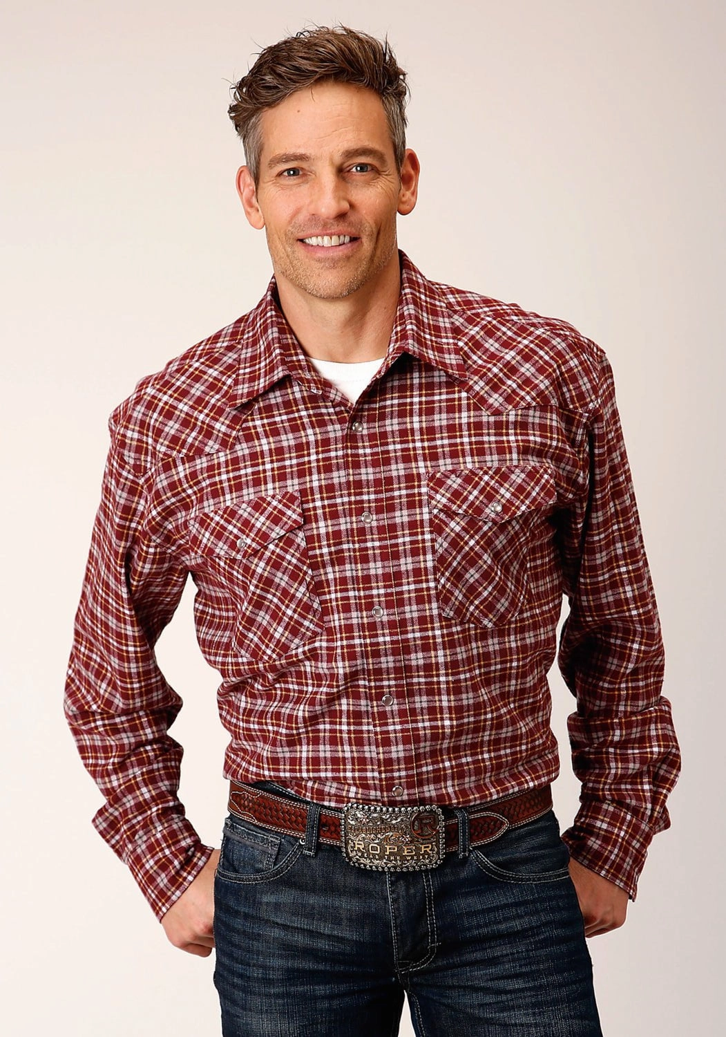 Athleisure Trend Fade Resistant Formula Roper Mens Tall Unlined Plaid Wine 100% Cotton L/S Shirt