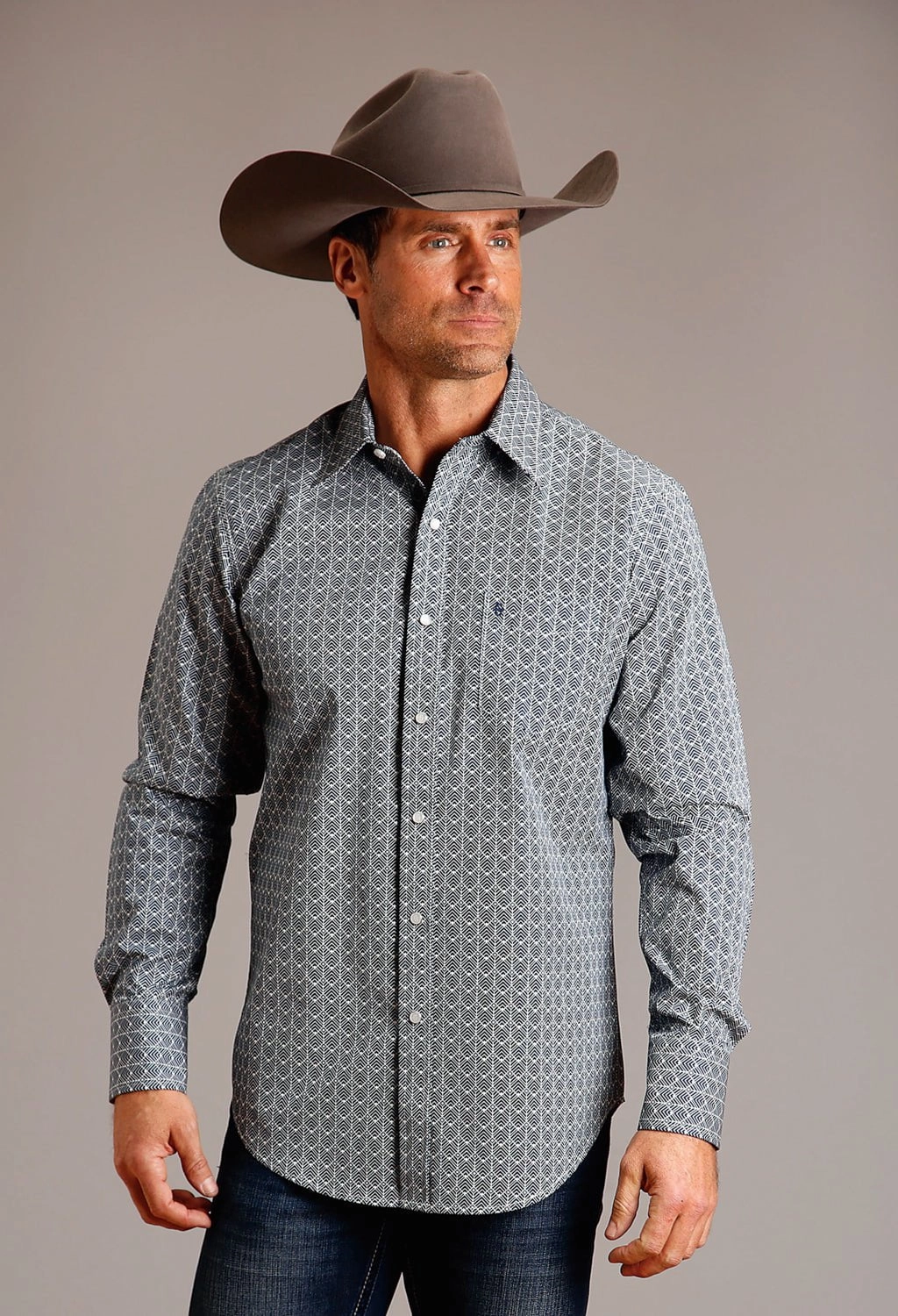 Athleisure Wear Professional Look Stetson Mens Chevron Grid Blue 100% Cotton L/S Shirt