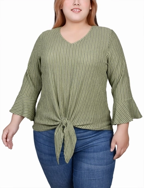 Calm Style Organic-Fabric Plus Size 3/4 Bell Sleeve Textured Knit Top