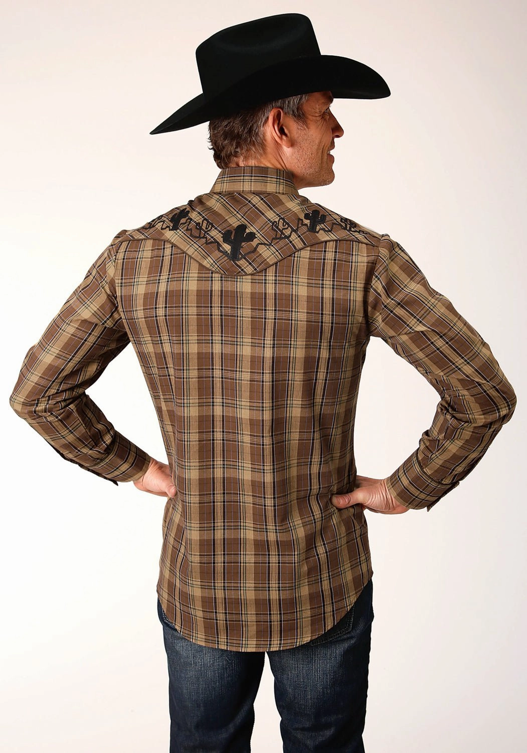 Lightweight Construction Roper Mens Fancy Cactus Plaid Brown Cotton Blend L/S Shirt