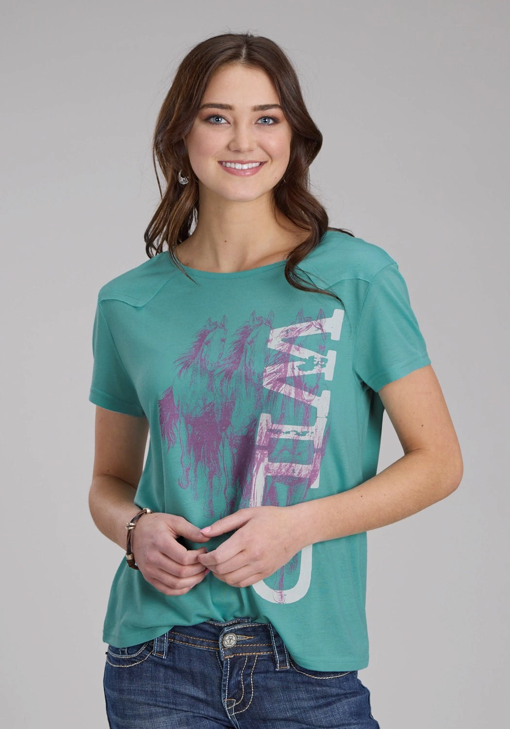 Year-Round Favorite Roper Womens Wild Horses Turquoise Poly/Rayon Yoked S/S T-Shirt