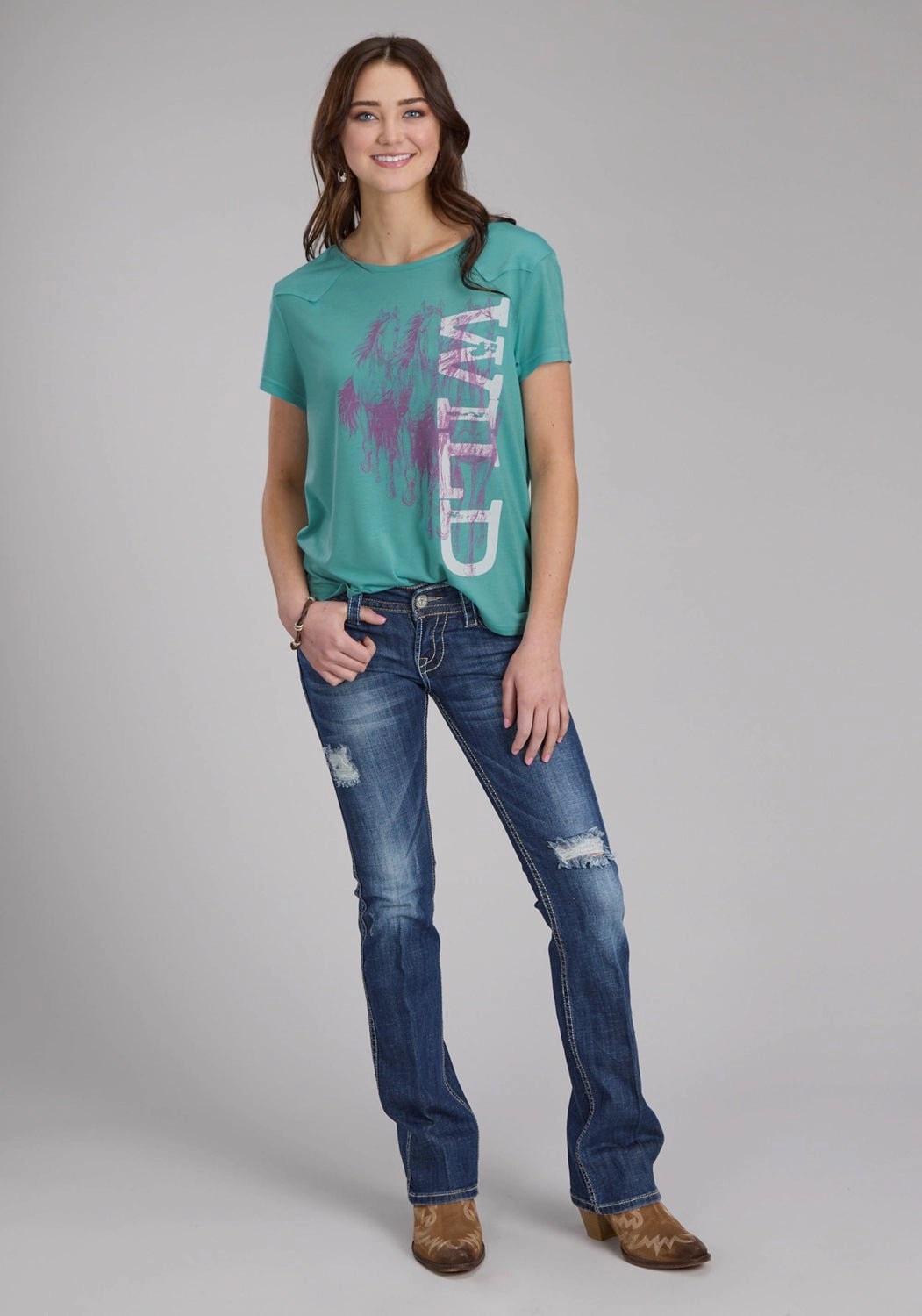 high-low hem Adjustable Cuffs Roper Womens Wild Horses Turquoise Poly/Rayon Yoked S/S T-Shirt