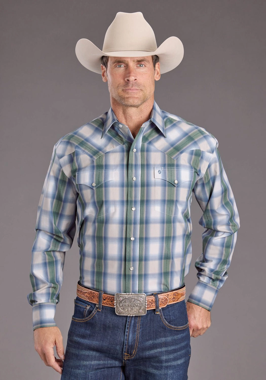 Stetson Mens Moss Dobby Plaid Blue 100% Cotton L/S Shirt Lightweight Weave