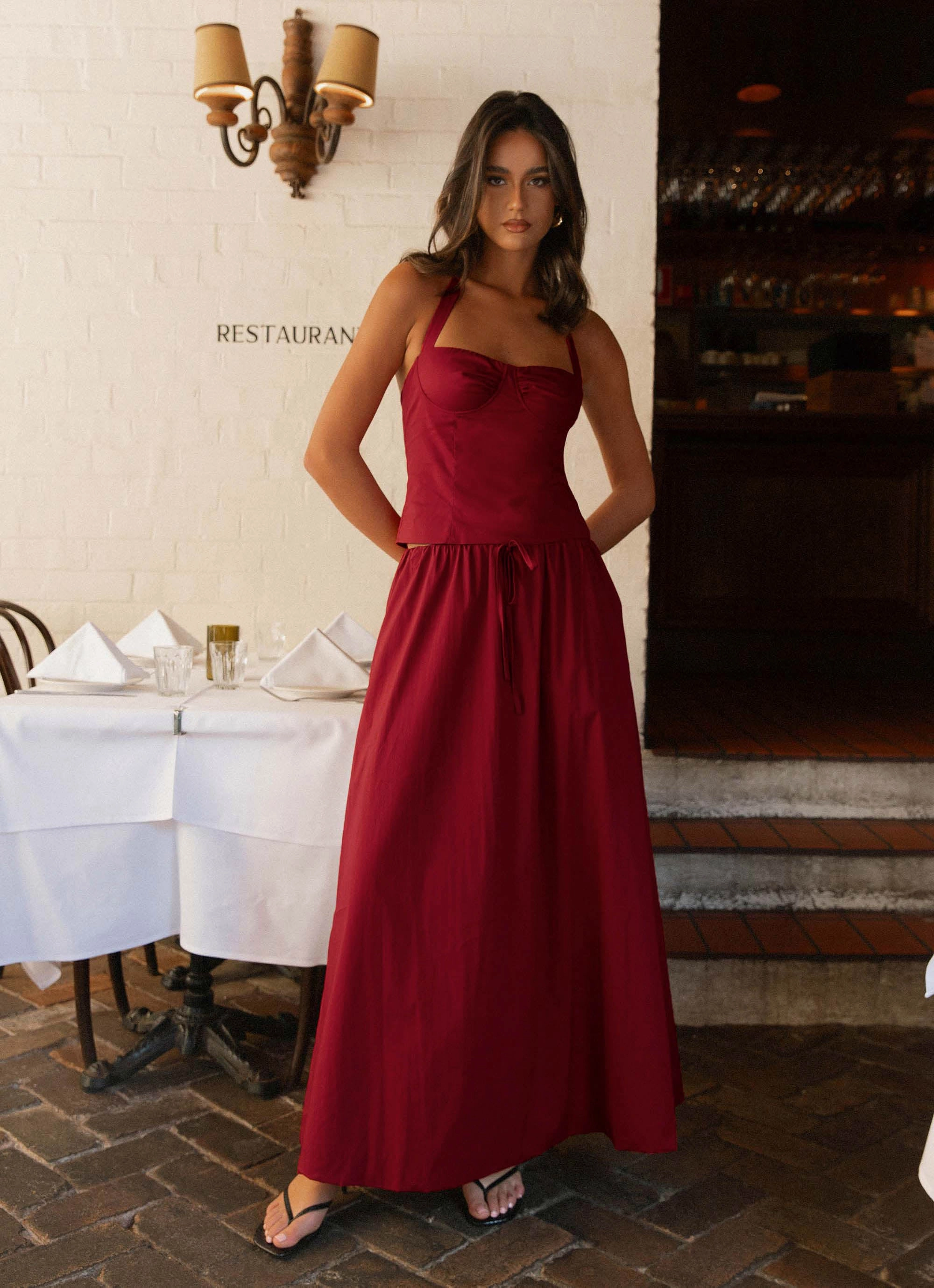 Two Tone Trim Layered Structure Cheryl Bustier Halter Top - Cherry Red