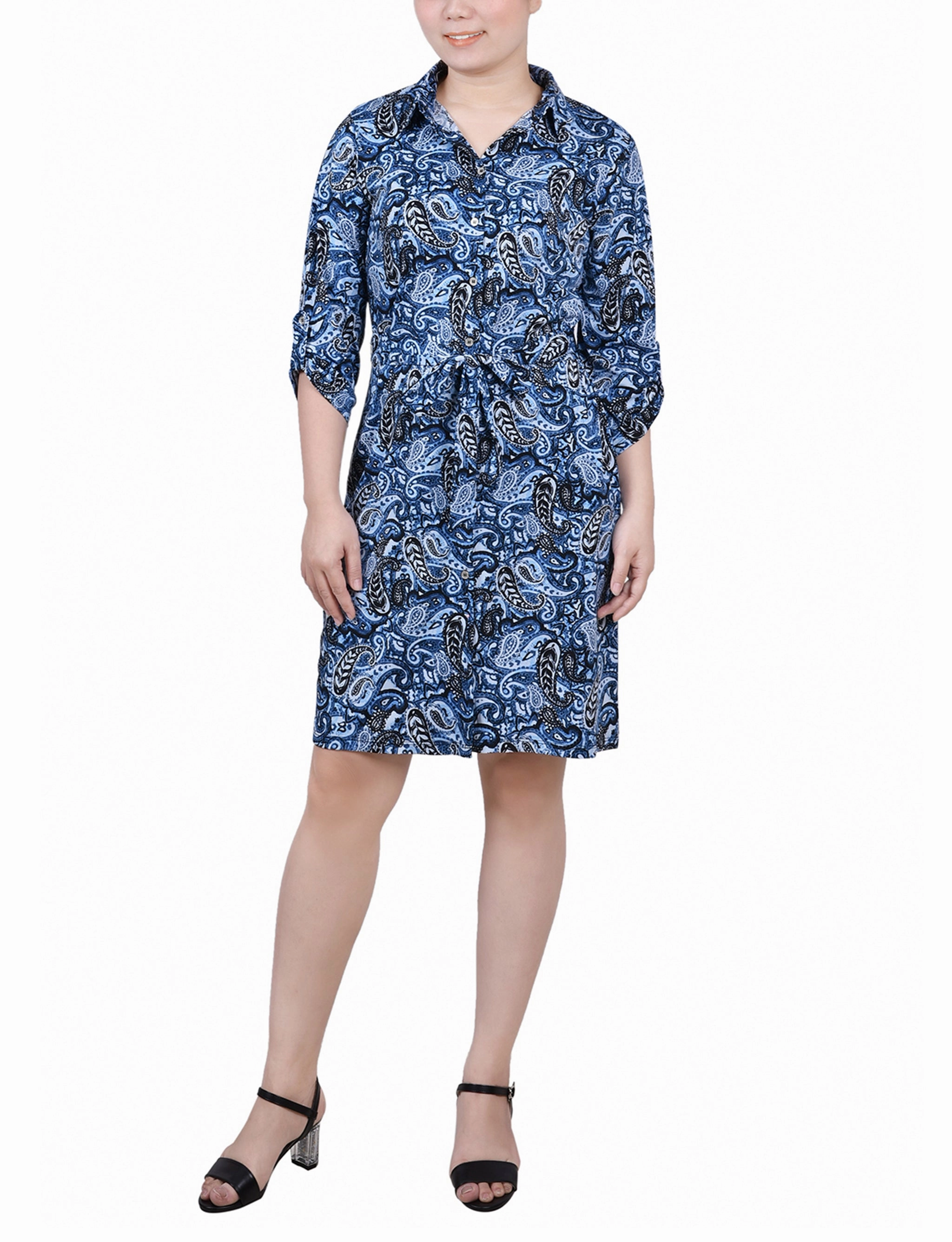 soft look Easy Wrap 3/4 Roll Tab Sleeve Collared Dress