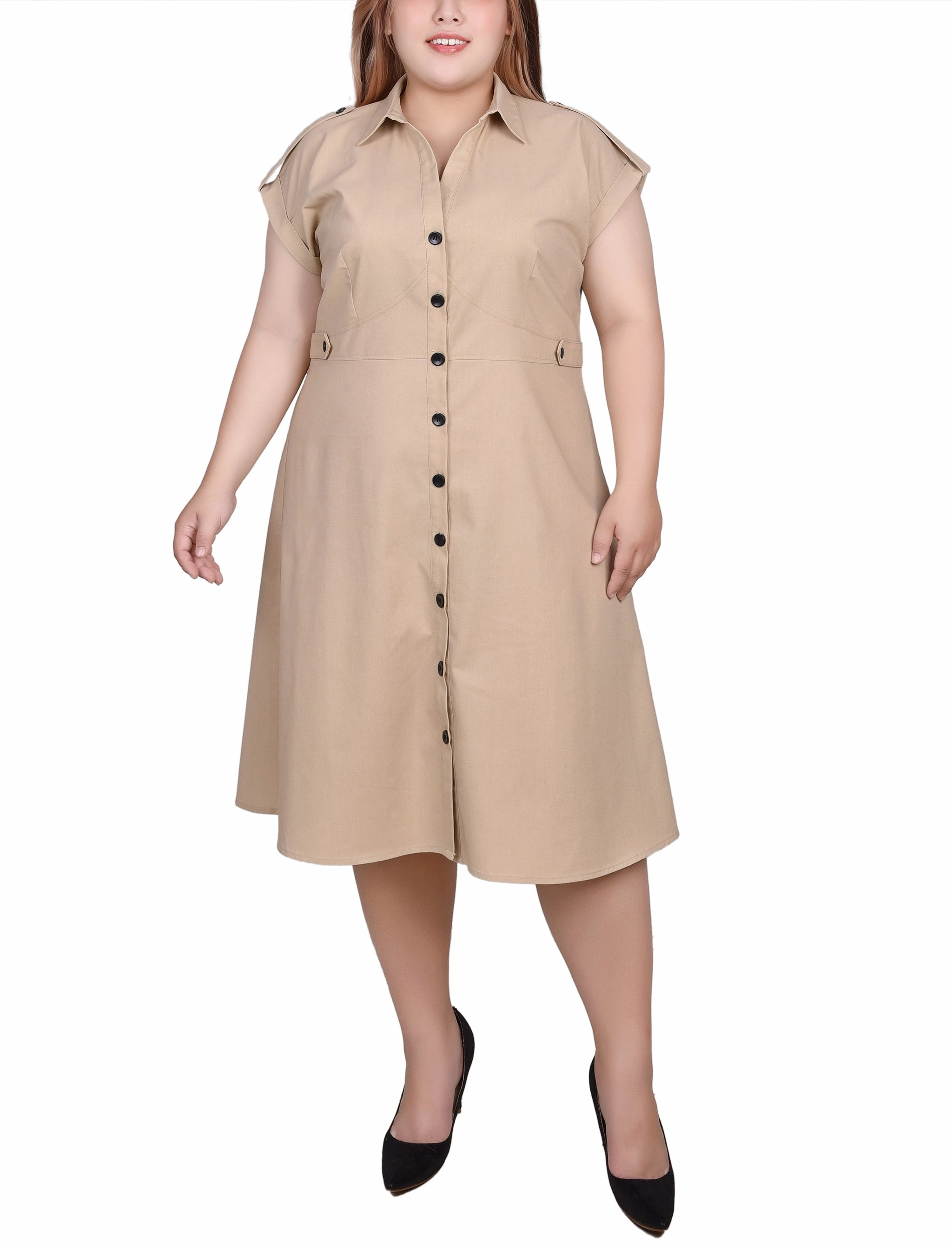 Statement Piece Plus Size Short Sleeve Button Front Linen Dress