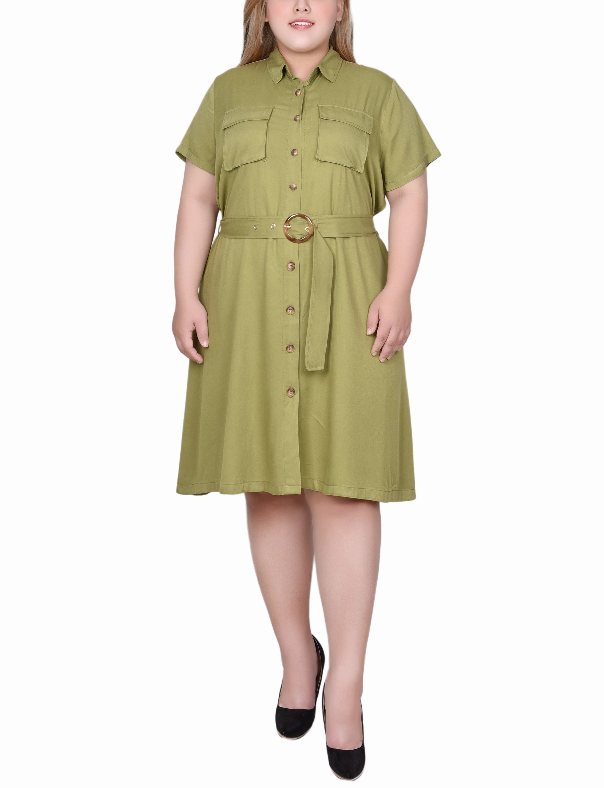 Plus Size Short Sleeve Safari Style Dress Dual Tones