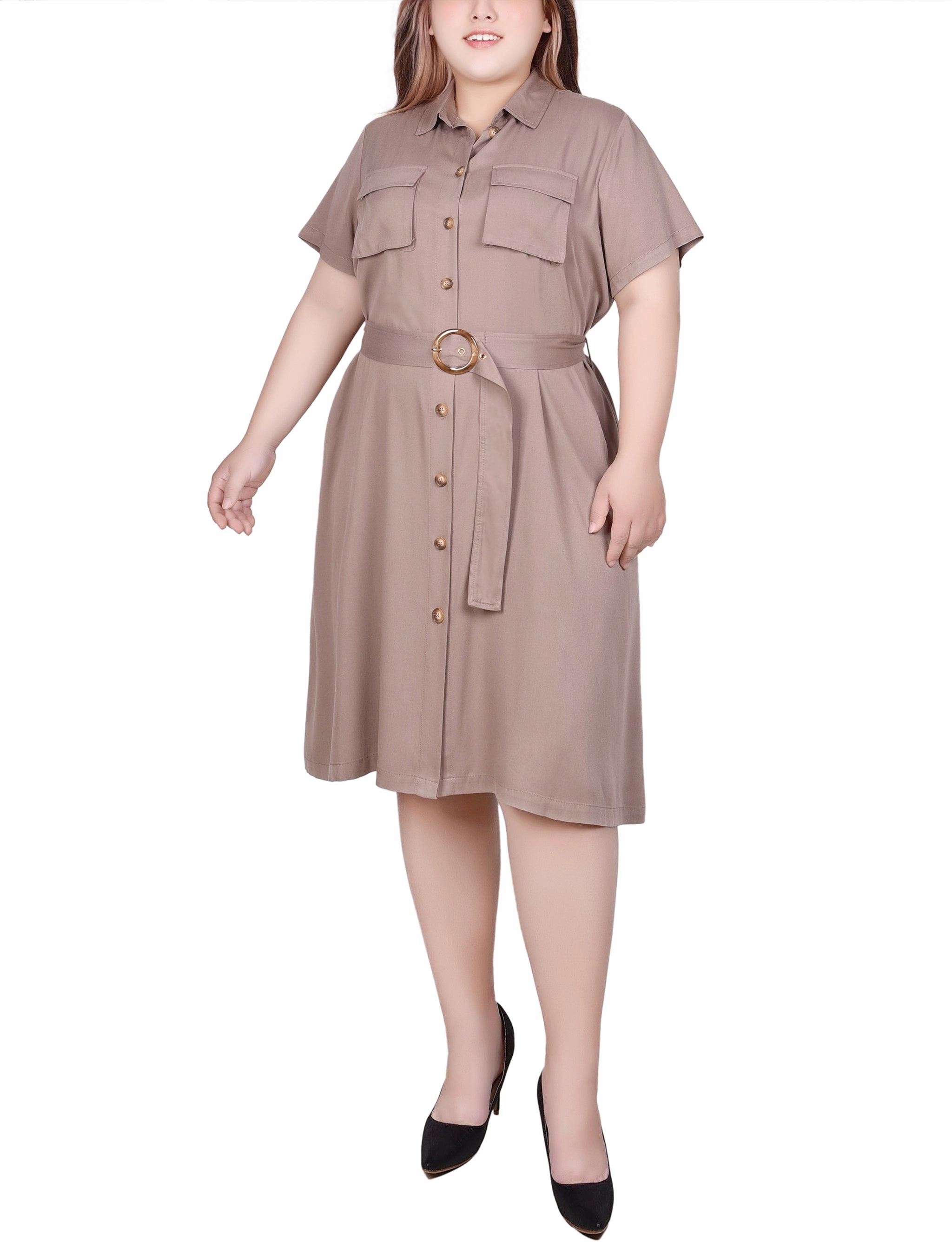Plus Size Short Sleeve Safari Style Dress Layered Hem Detailing