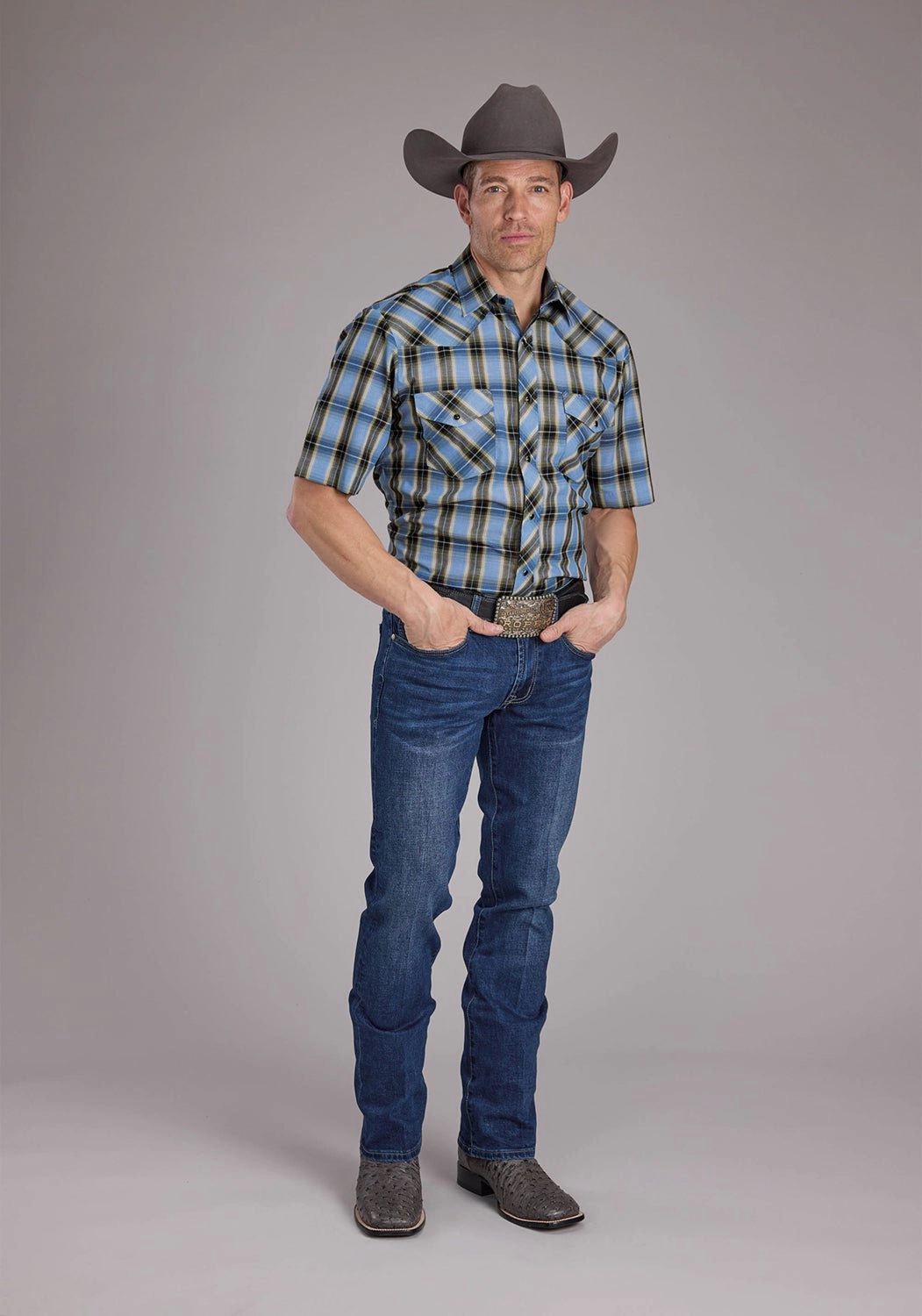 Roper Mens 2412 Plaid Blue/Brown Cotton Blend S/S Shirt Dressy look Errand Ready