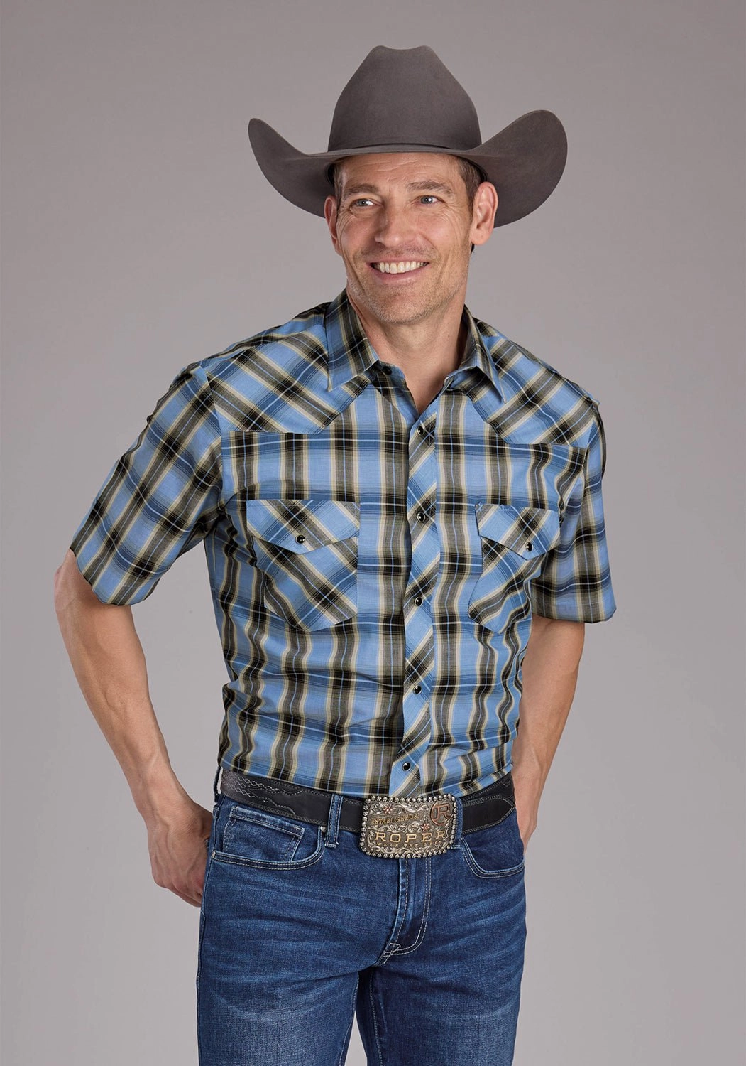 Lightweight Material Sports Ready Roper Mens 2412 Plaid Blue/Brown Cotton Blend S/S Shirt