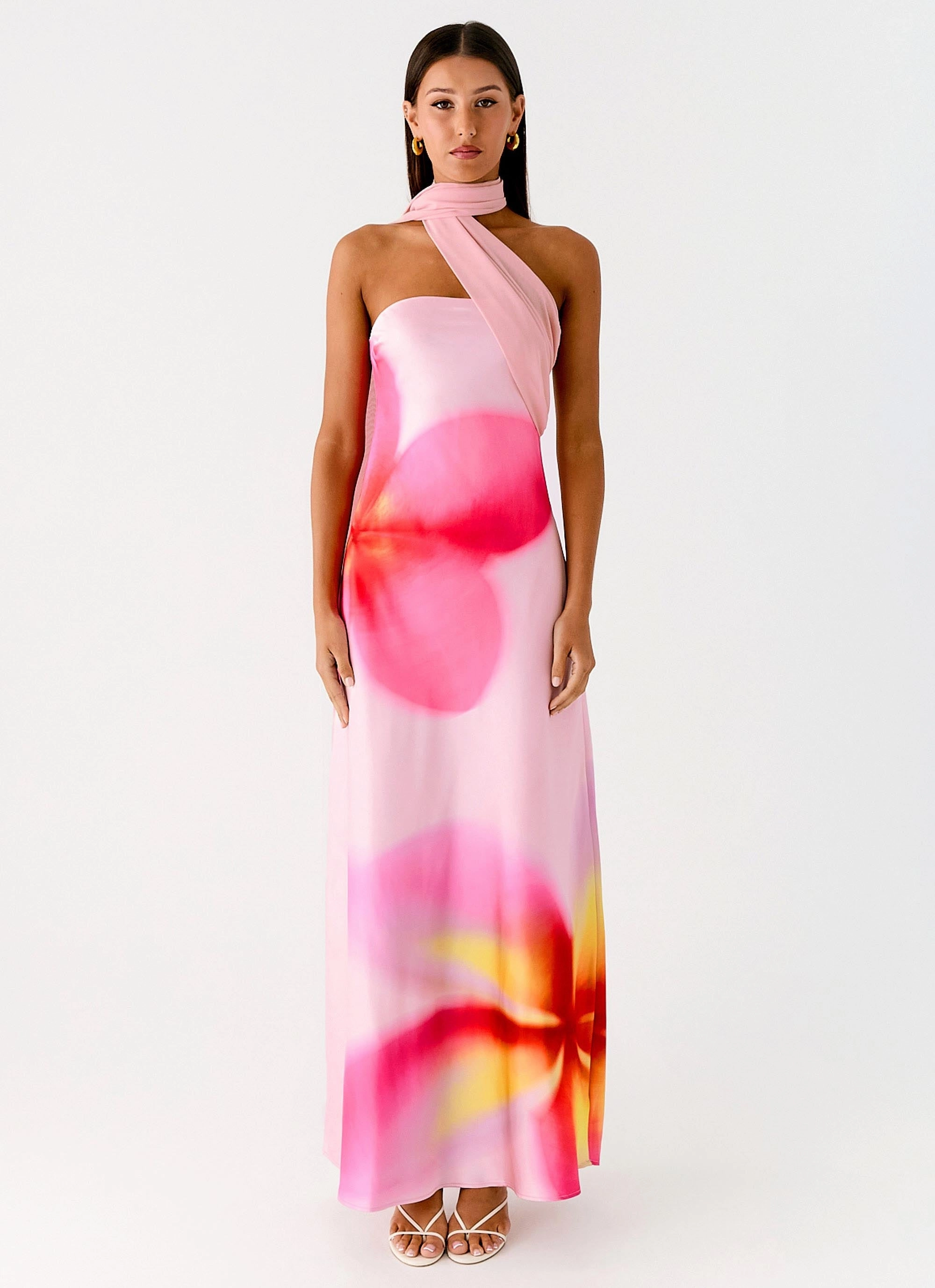 Transitional Outerwear Isa Scarf Satin Maxi Dress - Frangipani Pink
