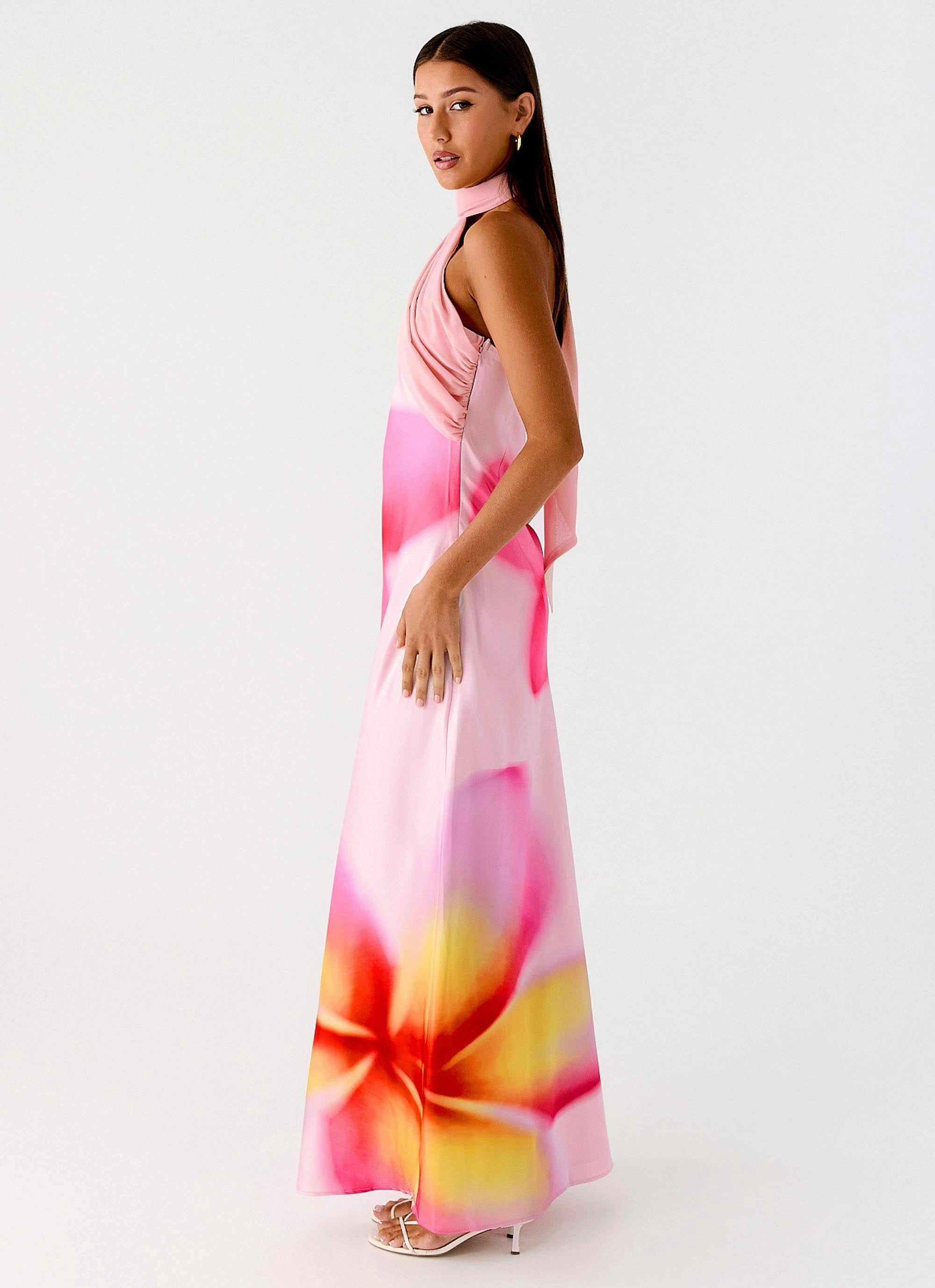 Isa Scarf Satin Maxi Dress - Frangipani Pink Cropped jacket Waterproof Fabric