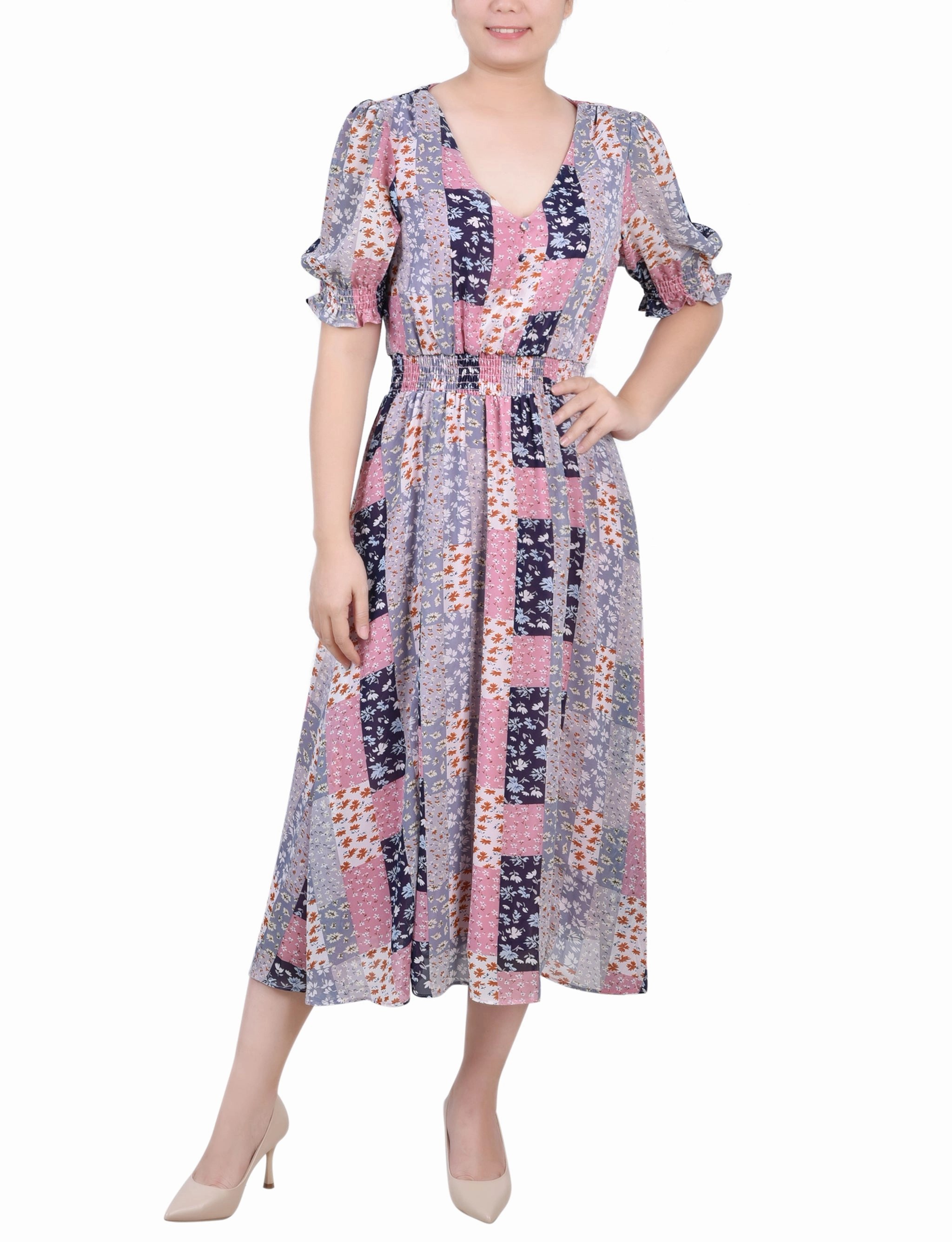 Insulating-Lining Petite Short Puff Sleeve Chiffon Dress