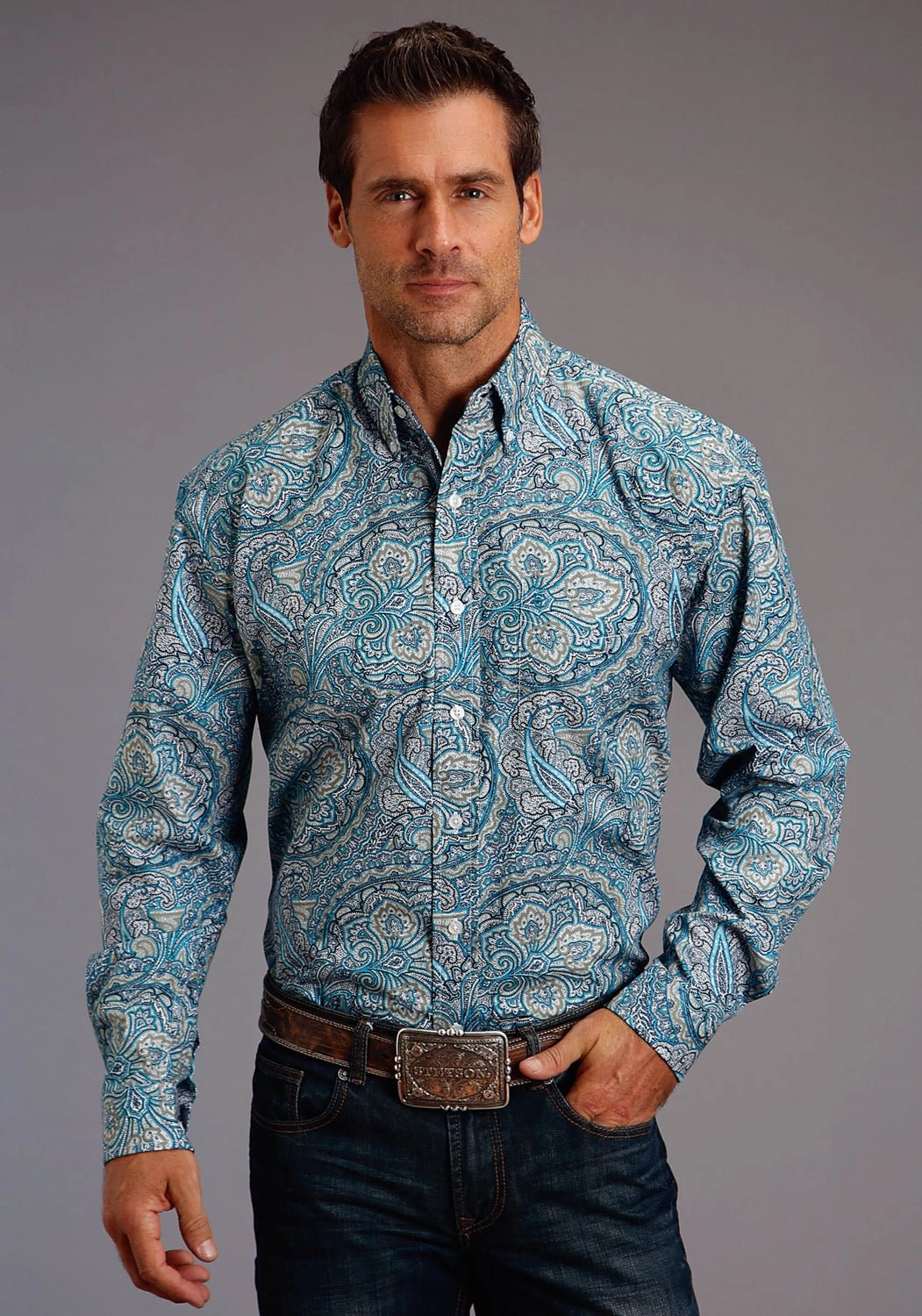 Stetson Mens Blue 100% Cotton Deep Sea Paisley BD L/S 1 Pkt Shirt Non Irritating Seams