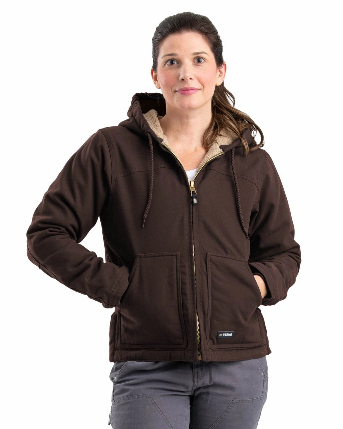 Breathable Technology Berne Ladies Dark Brown 100% Cotton Ladies Hooded Coat Sherpa