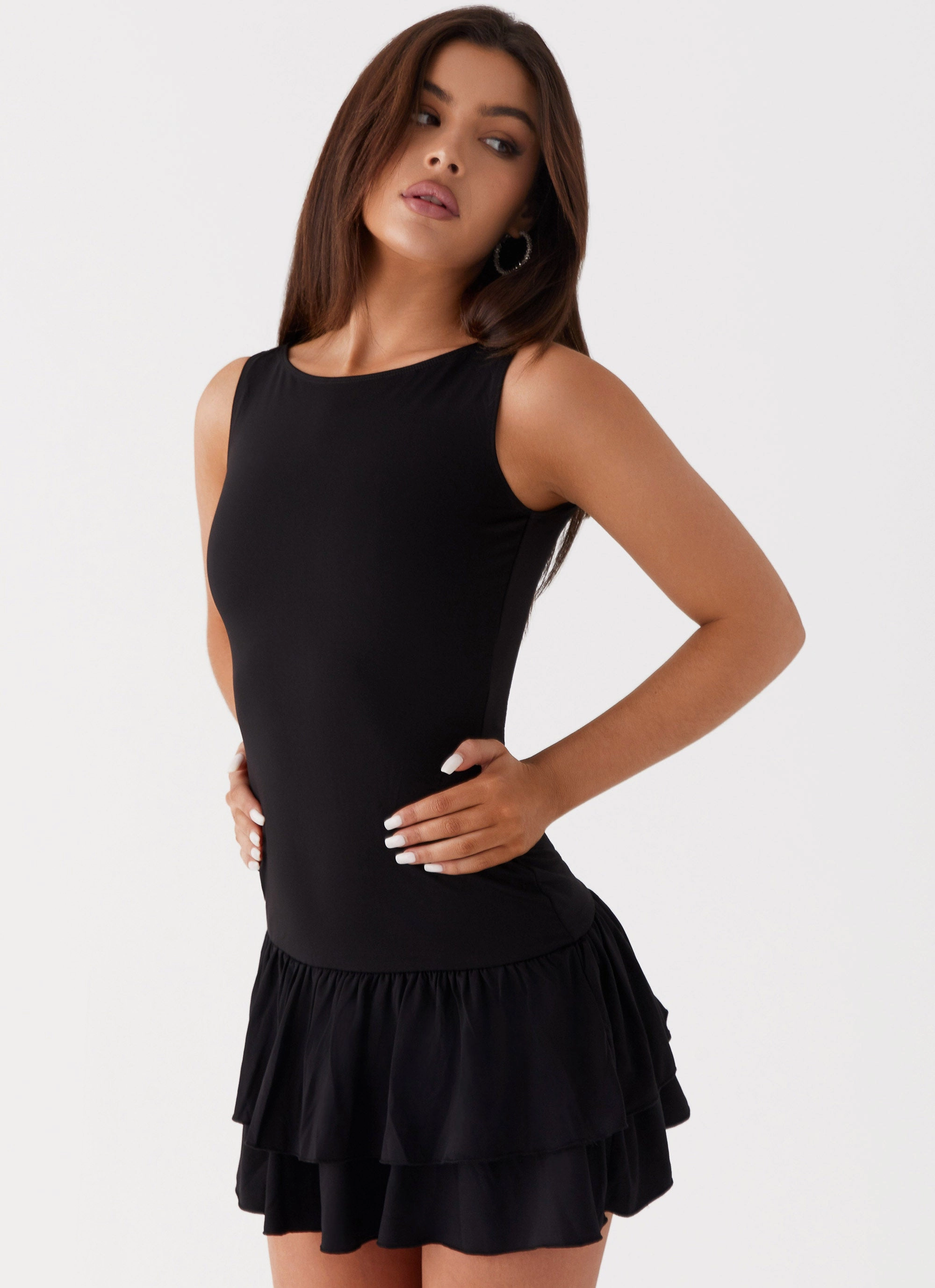 Rhiannon Frill Mini Dress - Black Elegant Evening Textured Finish