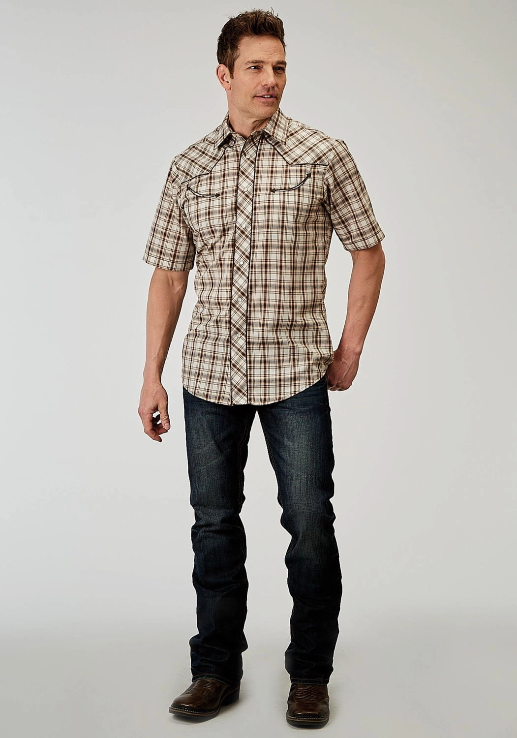 Brunch Outfit Organic Cotton Roper Mens 1968 Desert Plaid Brown Cotton Blend Guitars S/S Shirt