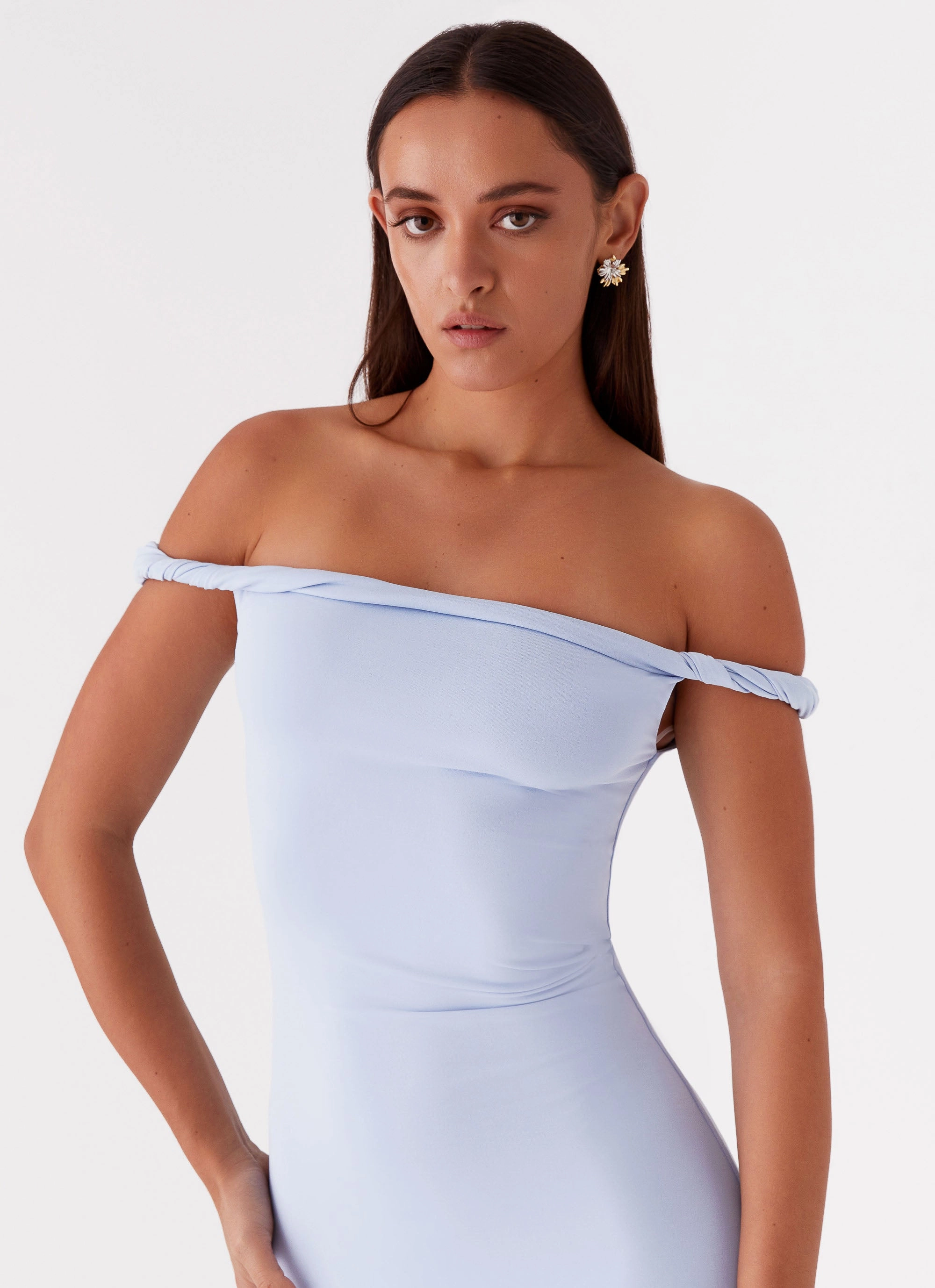 Luxury Outerwear Arabella Twist Shoulder Maxi Dress - Blue