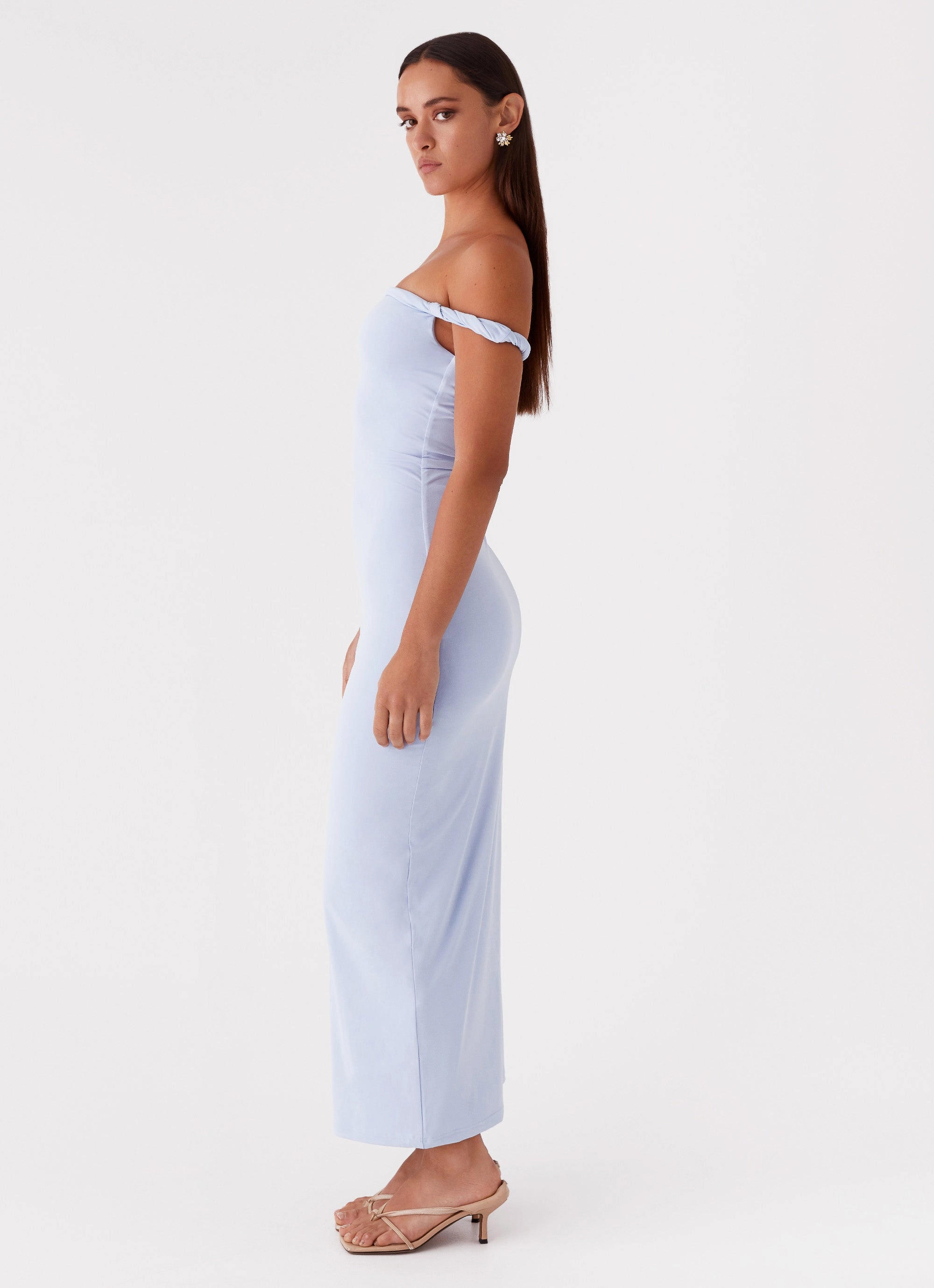 Sleek Outerwear Arabella Twist Shoulder Maxi Dress - Blue
