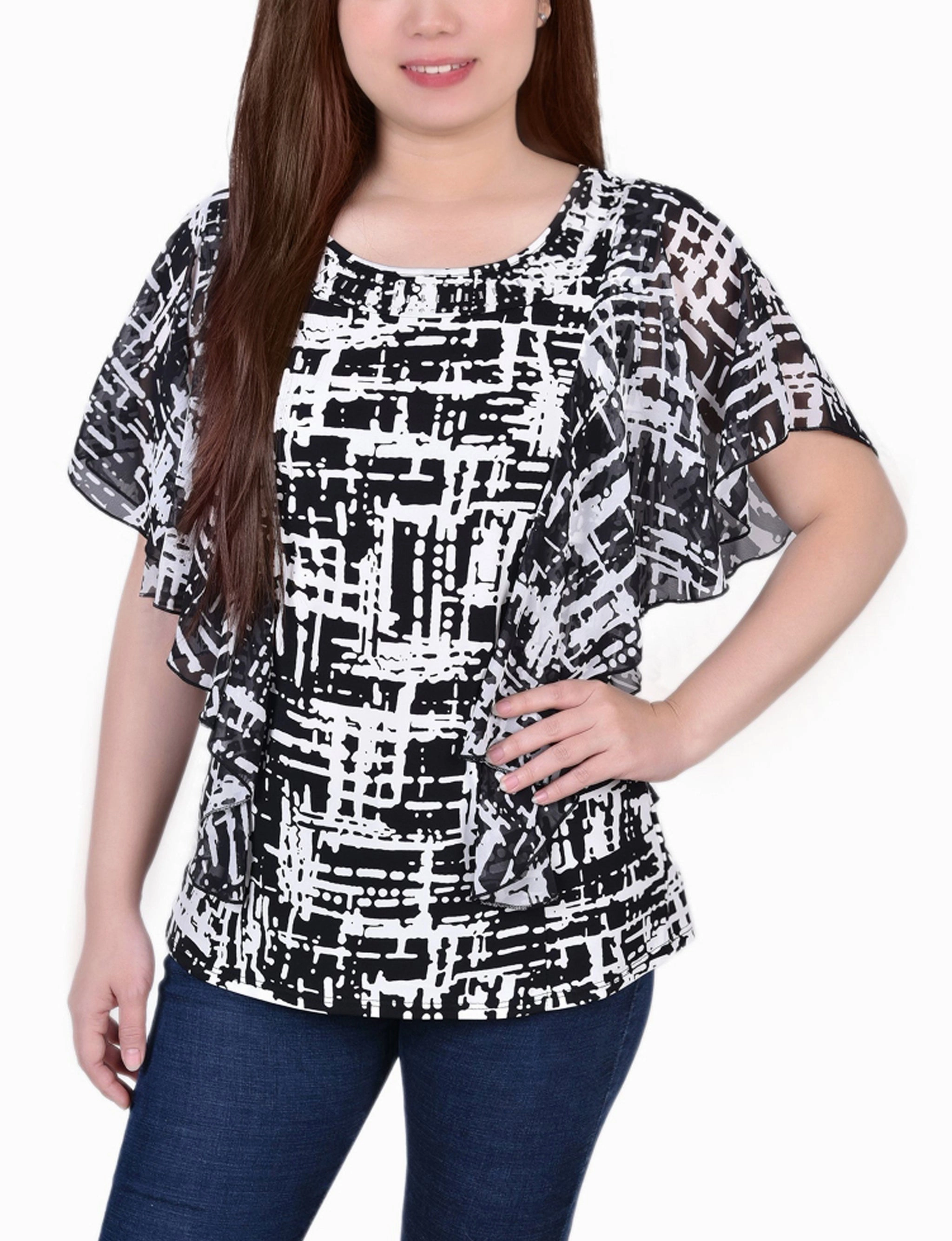 BreathableMesh Chiffon Sleeve Poncho With Studded Neckline