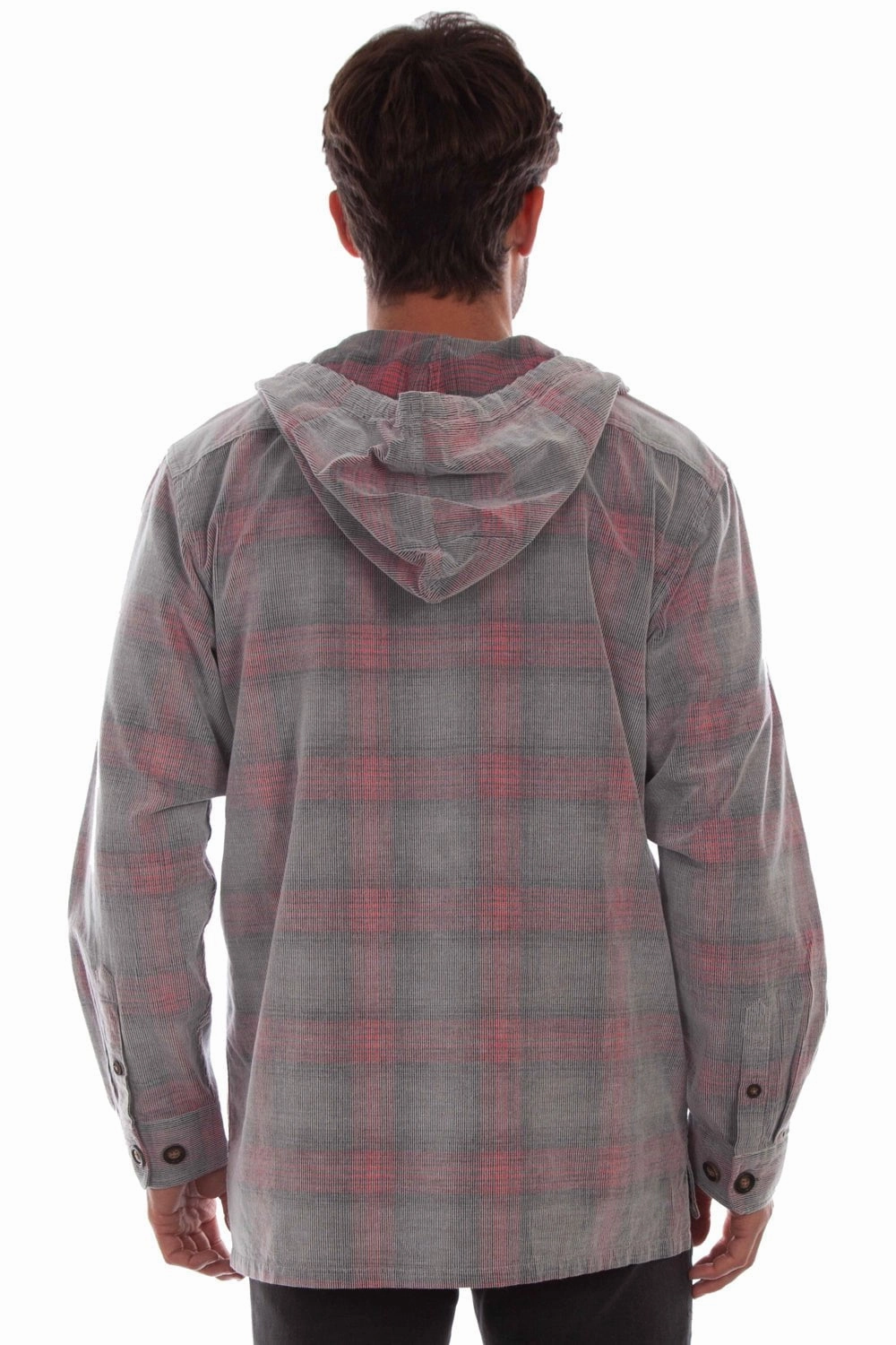 Scully Mens Unlined Plaid Grey/Red 100% Cotton Hoodie Non Irritating Seams Modern Drop Tail Hem