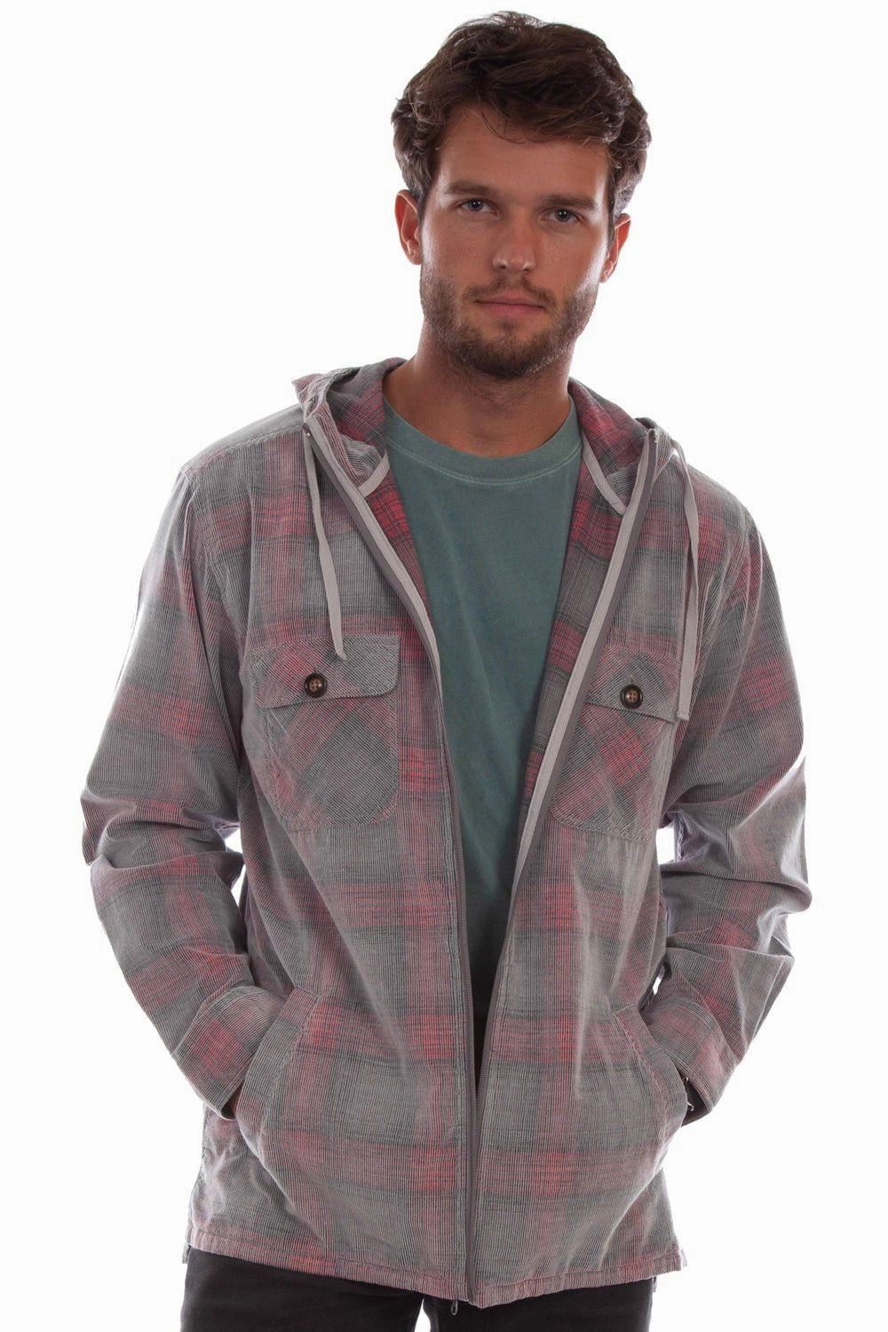Flexible Articulated Elbows Scully Mens Unlined Plaid Grey/Red 100% Cotton Hoodie