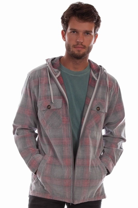 Scully Mens Unlined Plaid Grey/Red 100% Cotton Hoodie Tailored Cut Style