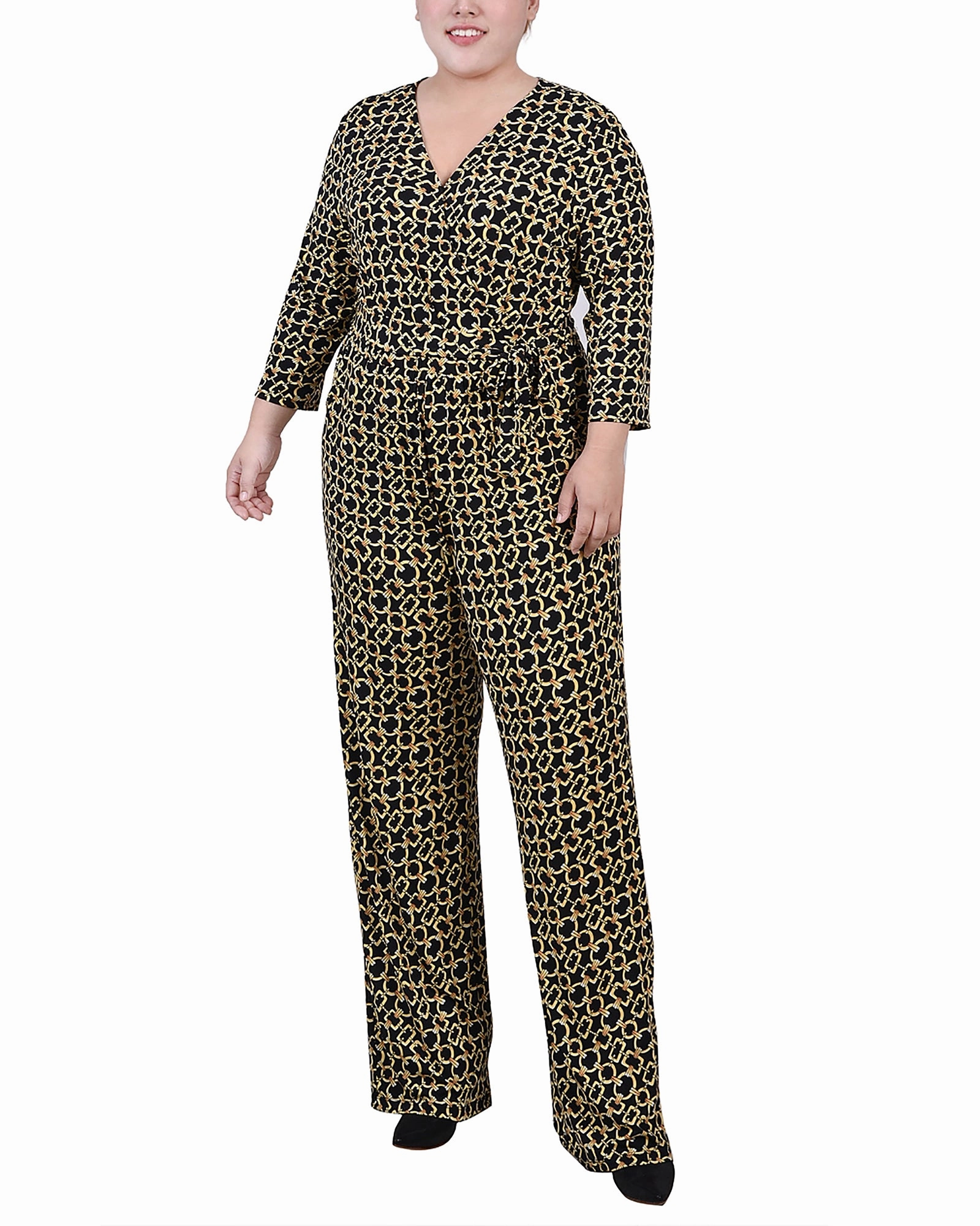 Plus Size 3/4 Sleeve Belted Jumpsuit Relaxed Layer