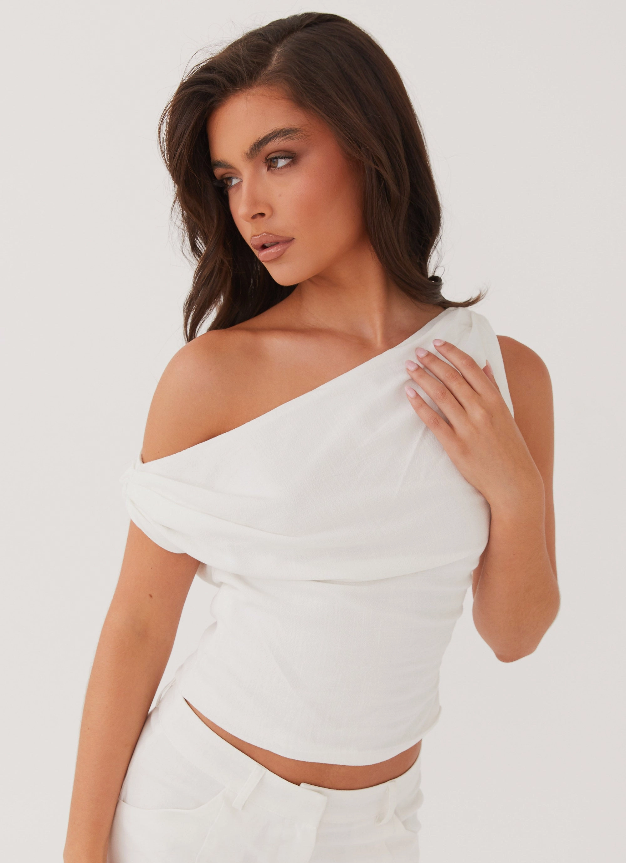 Marissa Linen One Shoulder Top - White LightweightDesign Minimalist Cuff