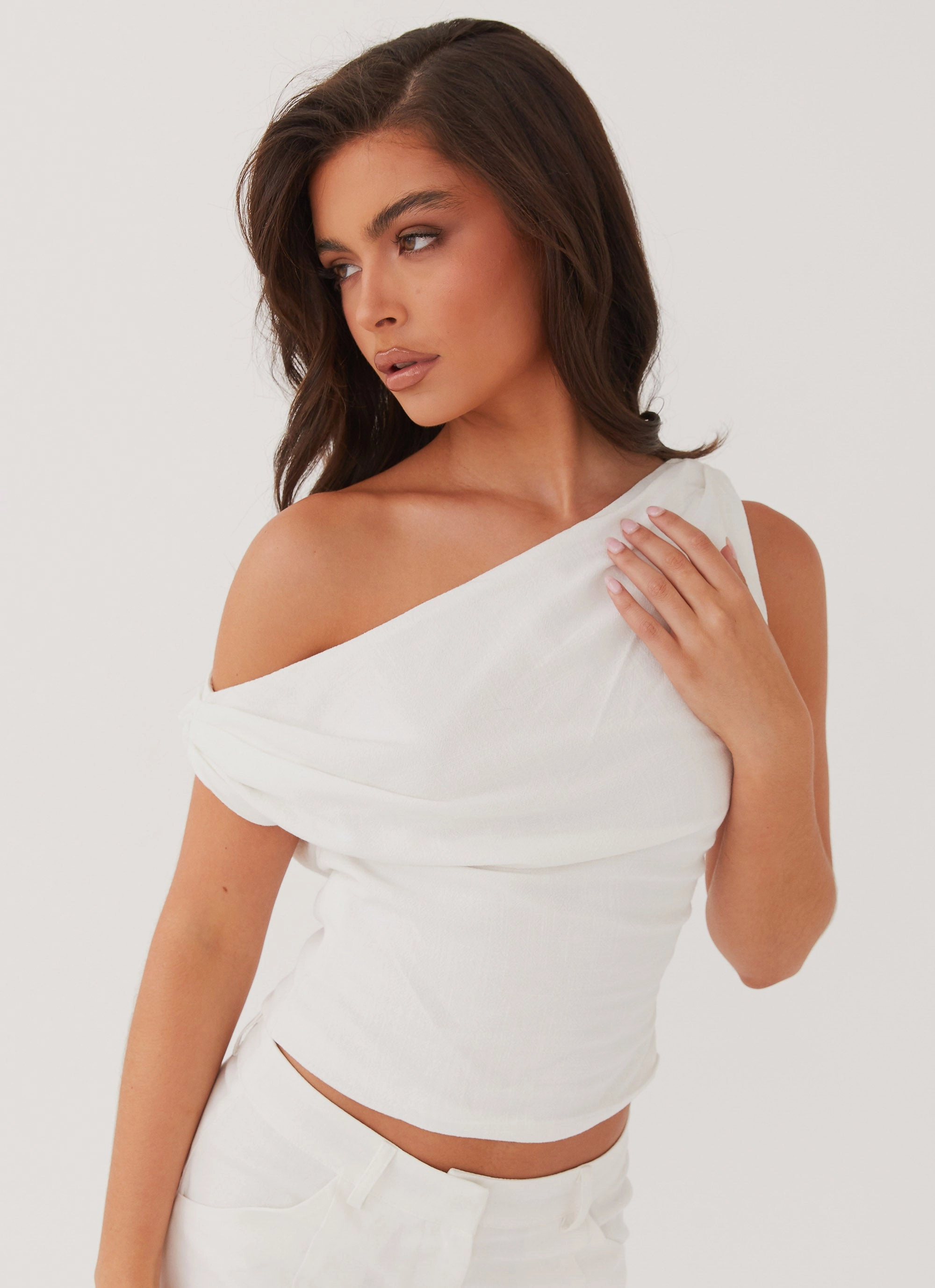 Marissa Linen One Shoulder Top - White Hypoallergenic Yarn Construction Breathable Mesh Panels