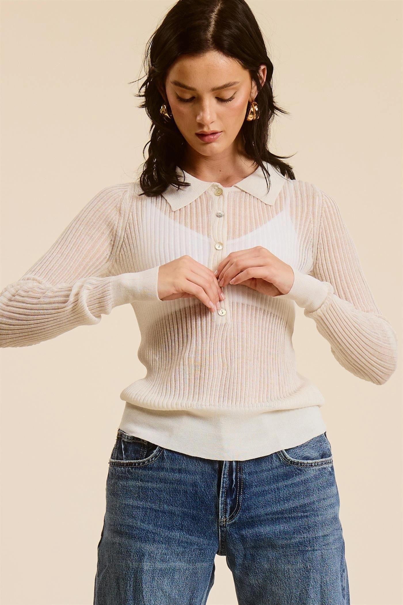 Sheer Knit Top ZonalVentilation Overlock Edging