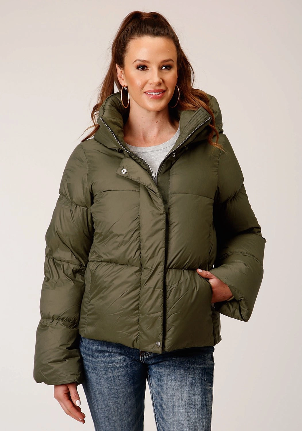 Classic Ribbed Cuffs Roper Womens Hooded Down Puffer Green Nylon Insulated Jacket