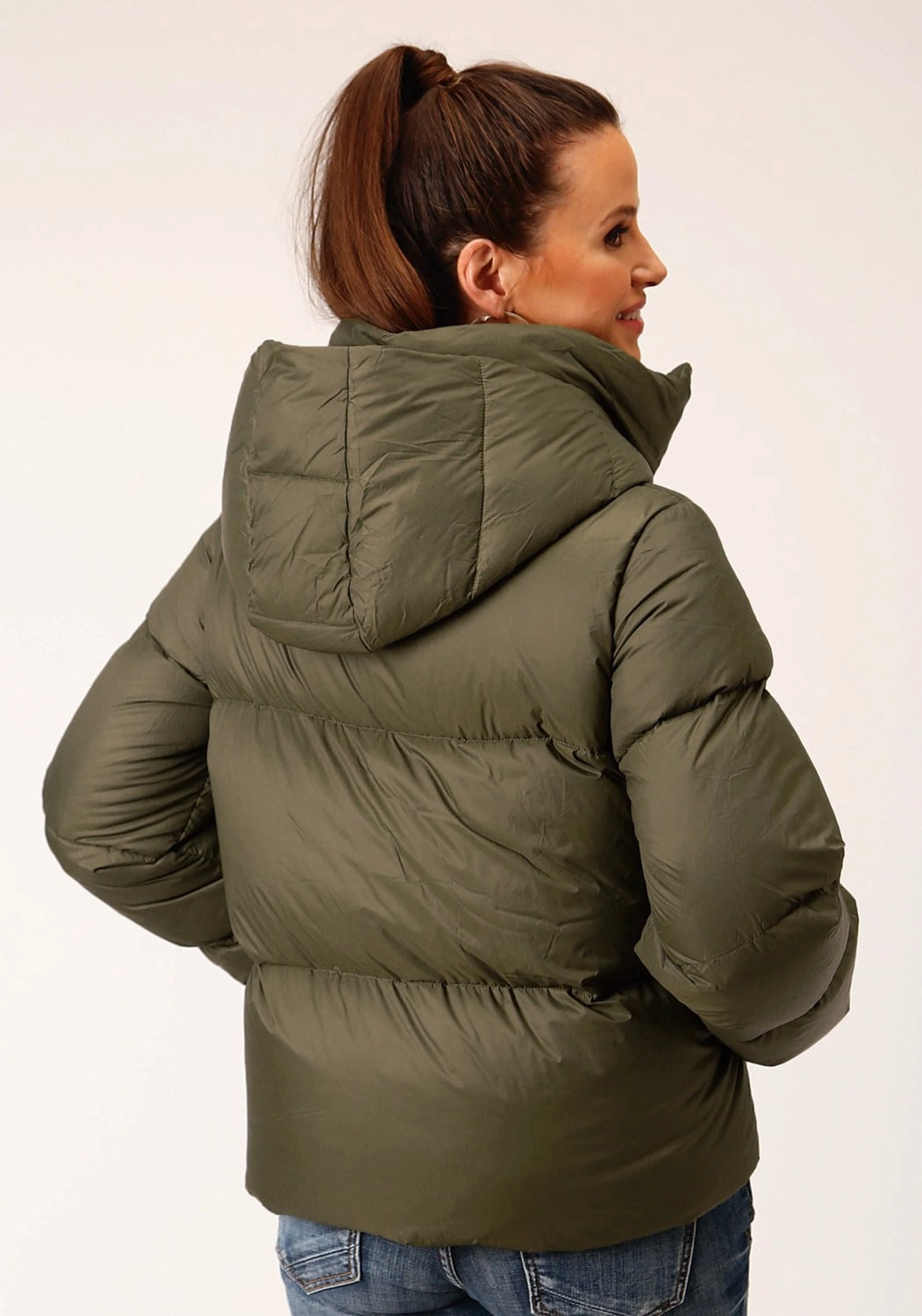 Roper Womens Hooded Down Puffer Green Nylon Insulated Jacket Daily Wear Jacket