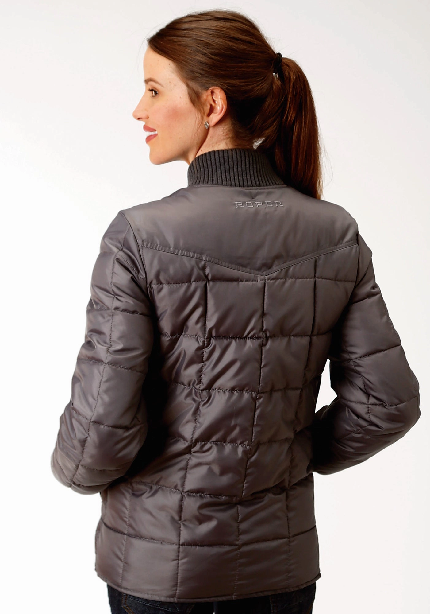 Smooth Zipper Glides Roper Womens Grey Polyester Quilted Insulated Jacket