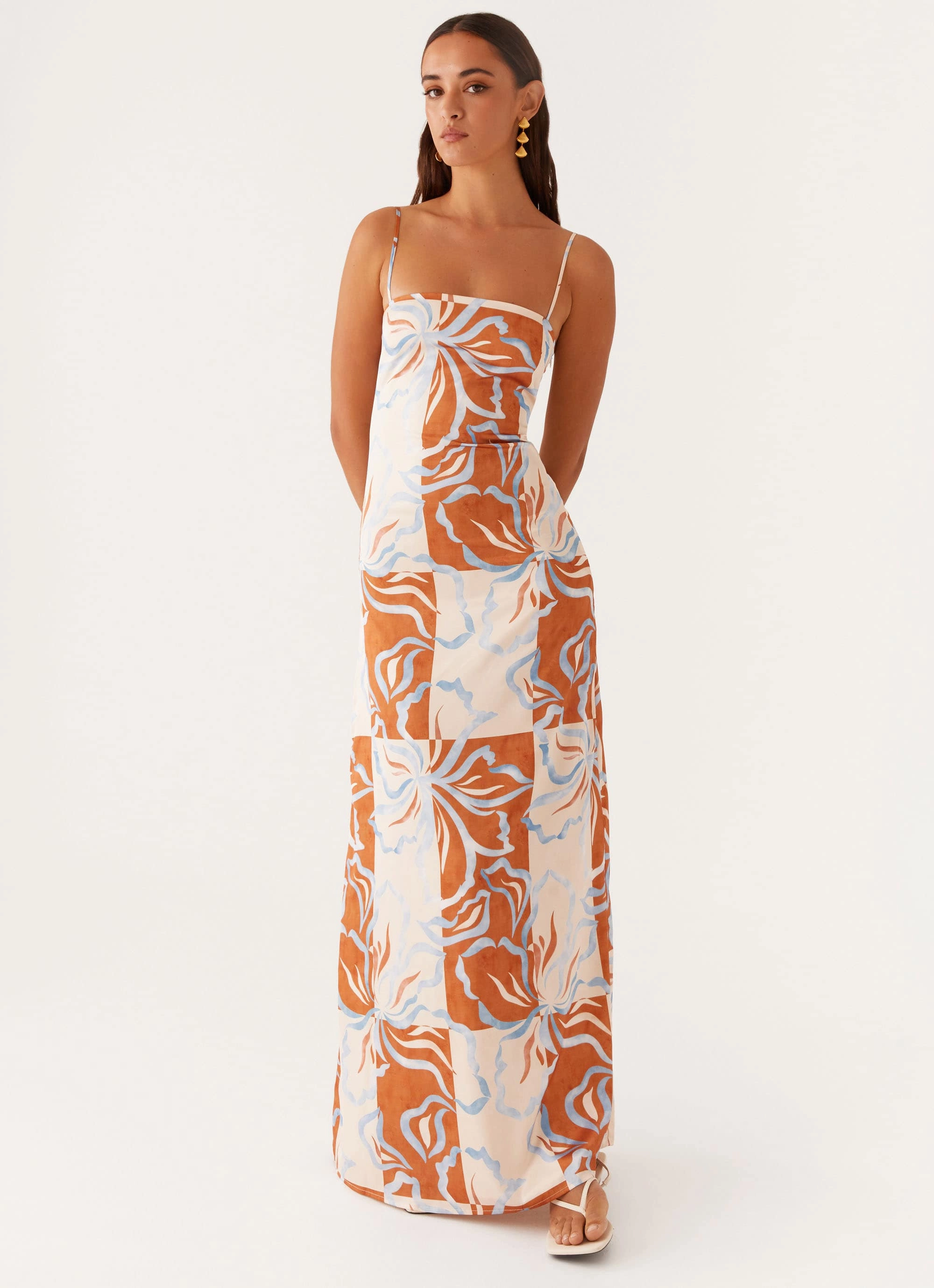 Aster Bloom Maxi Dress - Orange Blue Floral Faux Fur Coat