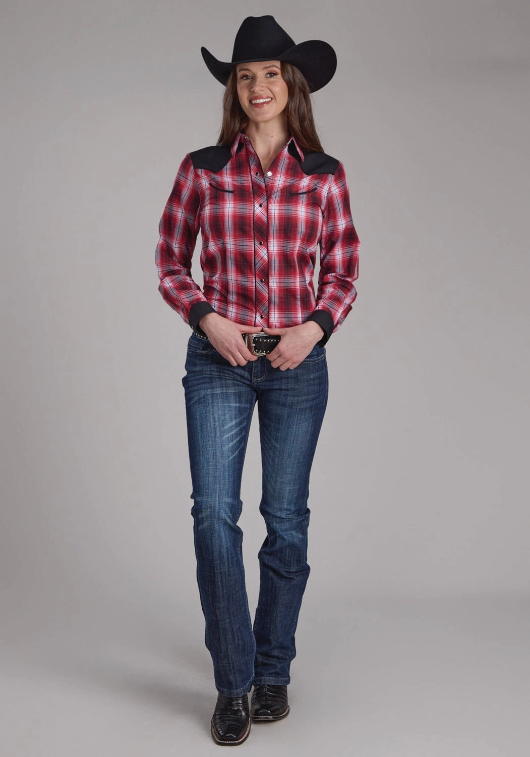 Roper Womens 2131 Plaid Red/White Cotton Blend L/S Shirt Pocket Detail Evening Elegance