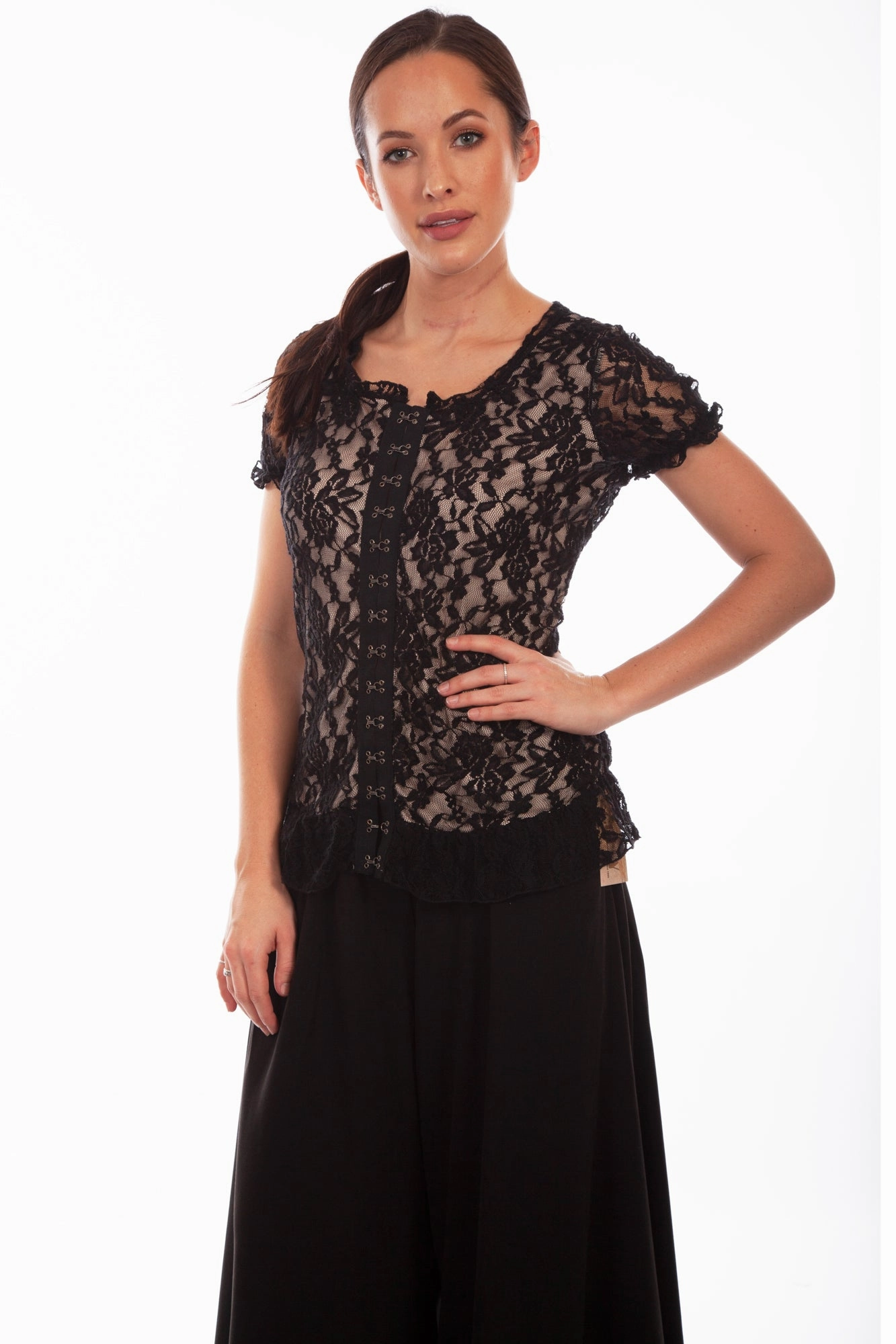 Multi Pocket Utility Scully Womens Black Polyester Lace Corset S/S Tunic