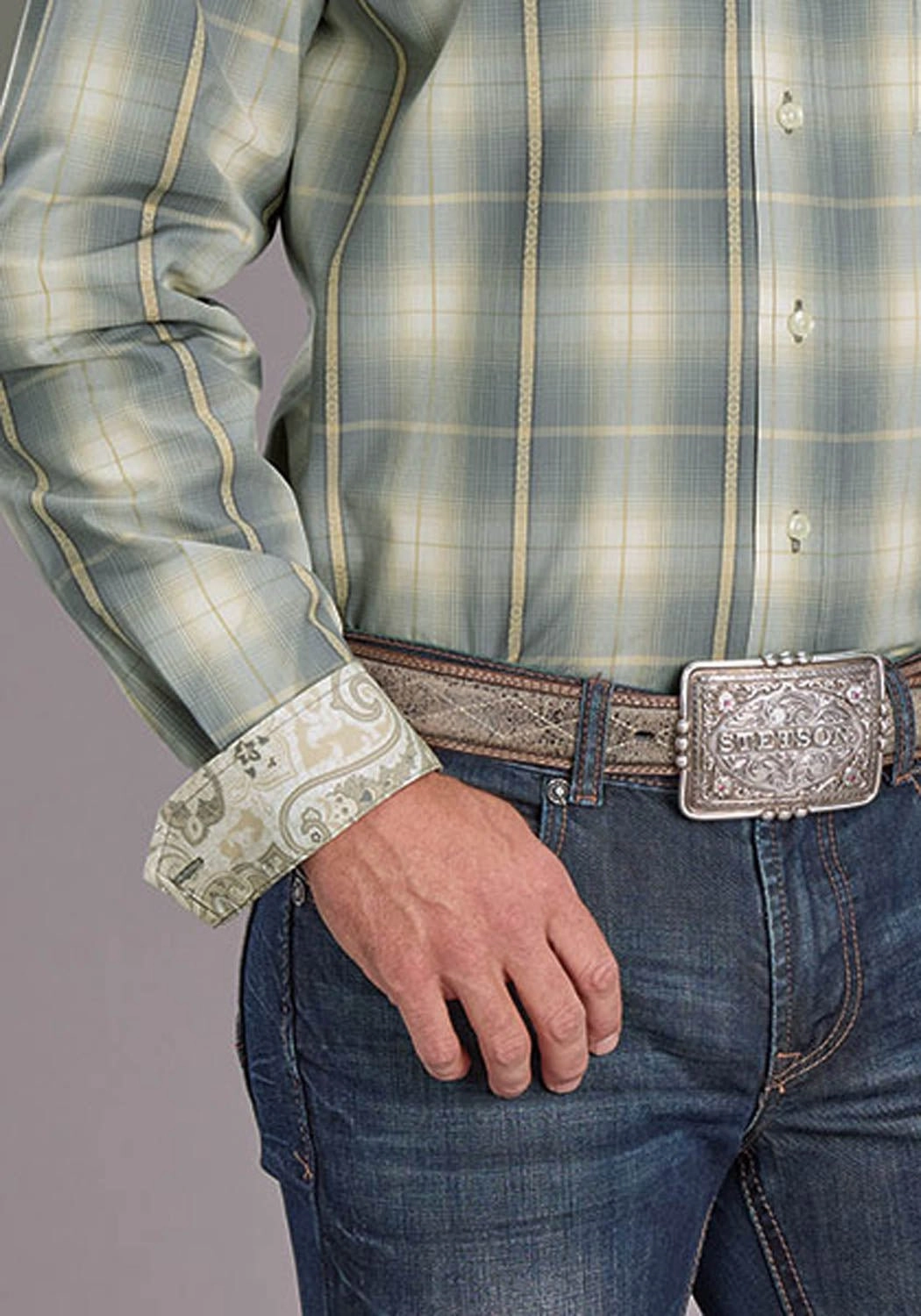 Mountain Escape Stetson Mens Gold Dust Ombre Grey 100% Cotton 1 Pkt L/S Shirt