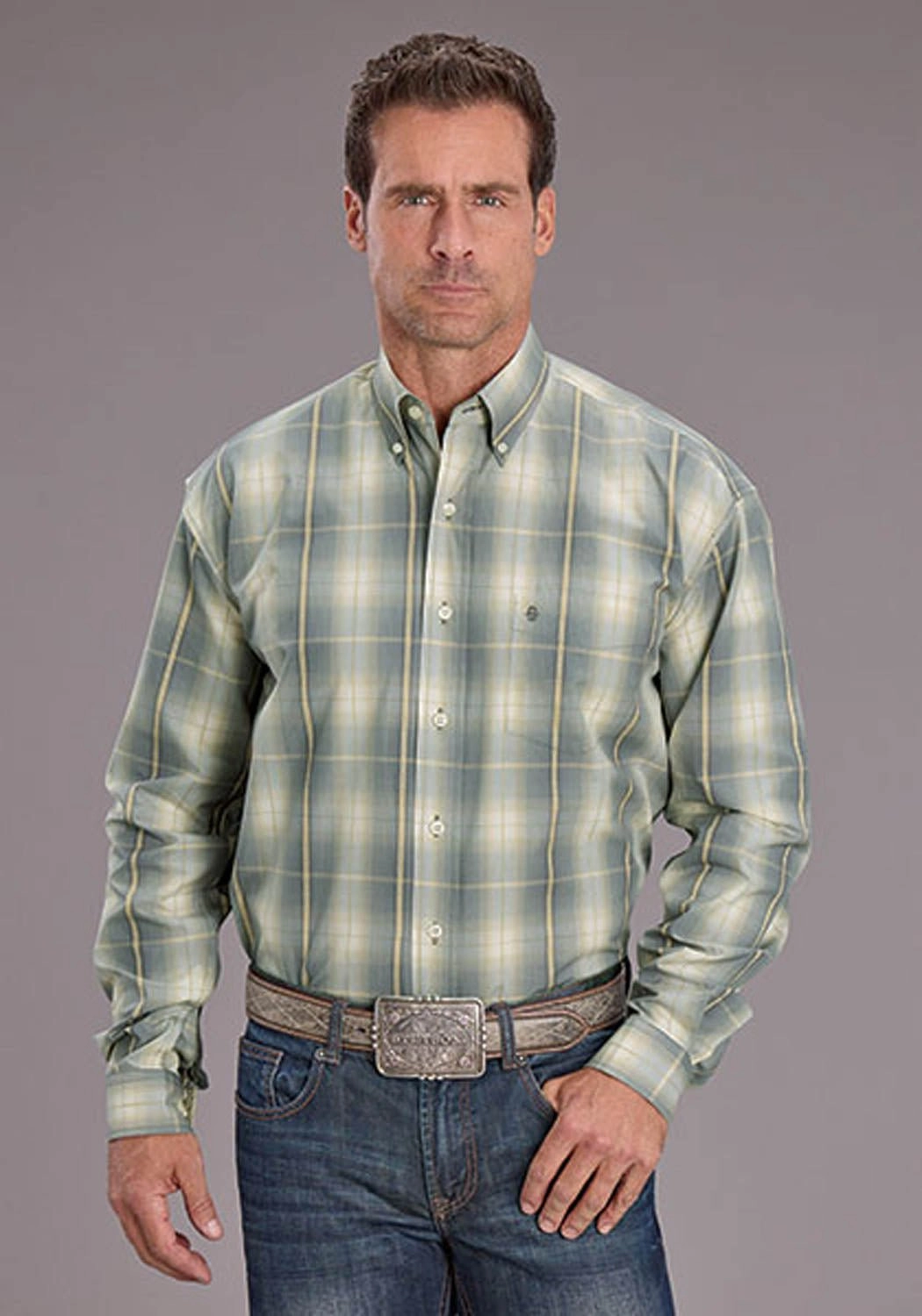 Stetson Mens Gold Dust Ombre Grey 100% Cotton 1 Pkt L/S Shirt Modern Appeal