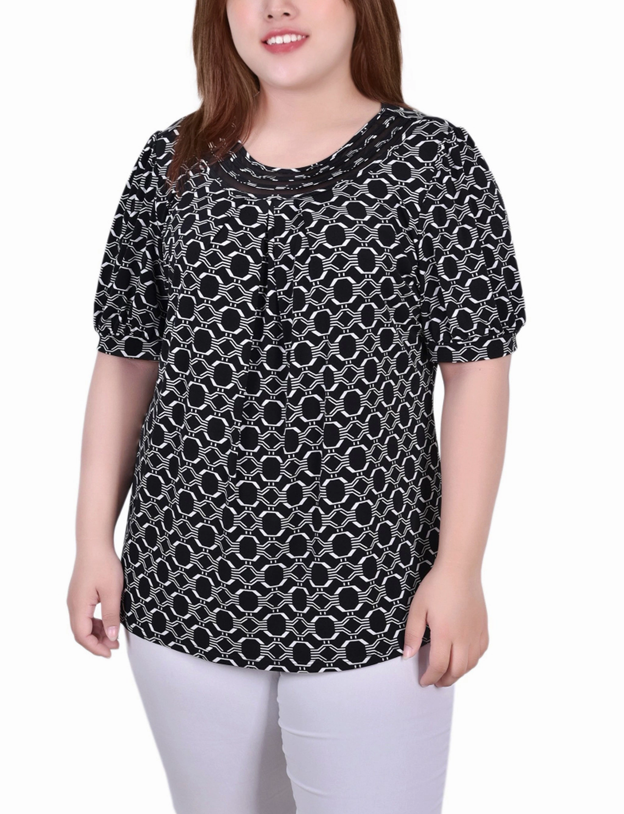 Plus Size Short Puff Sleeve Sheer Inset Top Thermoregulating Fabric