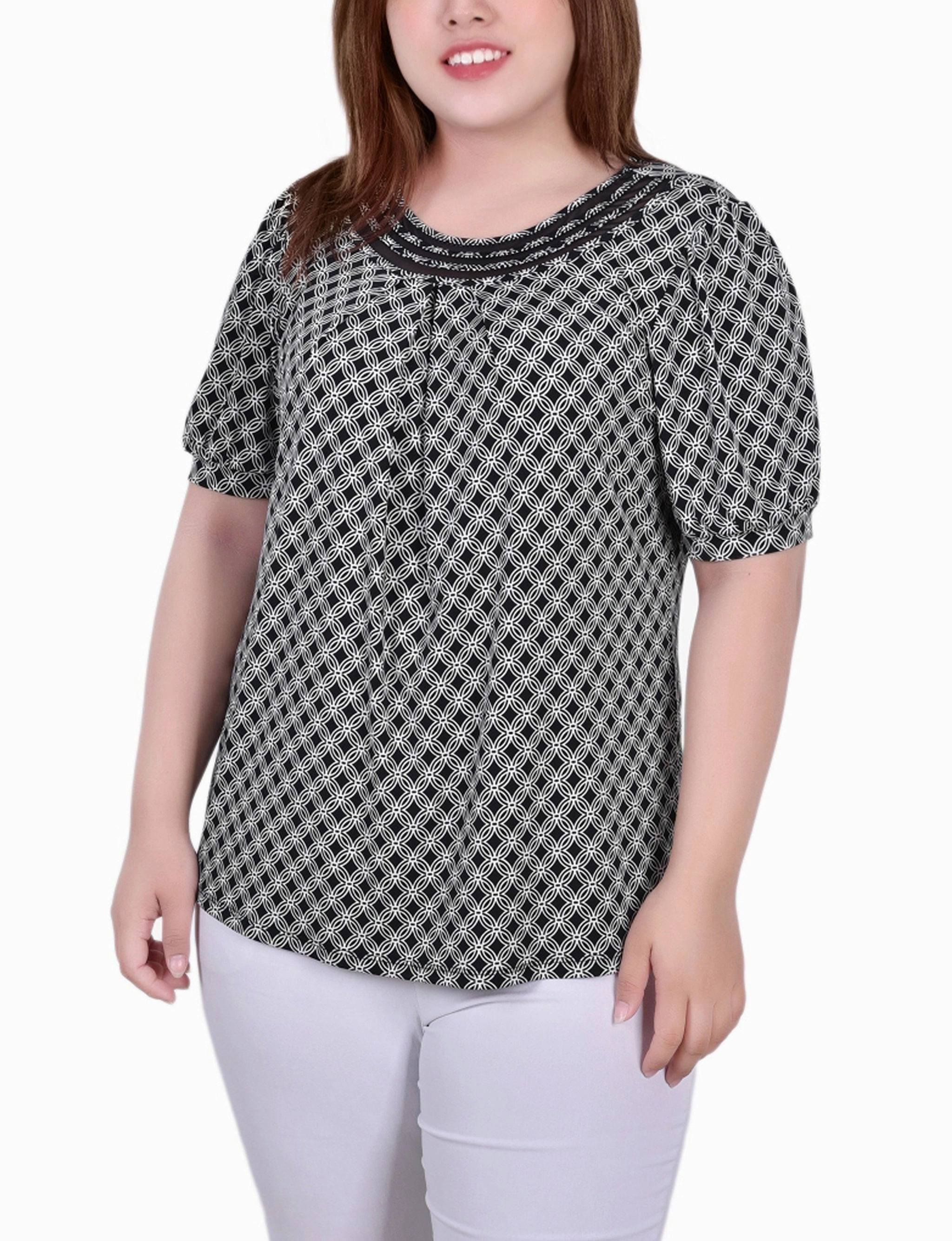 Plus Size Short Puff Sleeve Sheer Inset Top One Piece Look